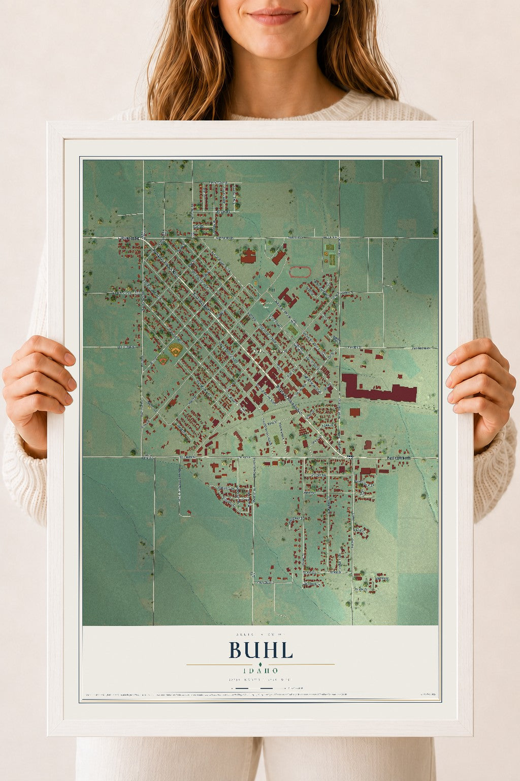 Map of Buhl, Idaho, 18 x 24 inch print in a white wood frame