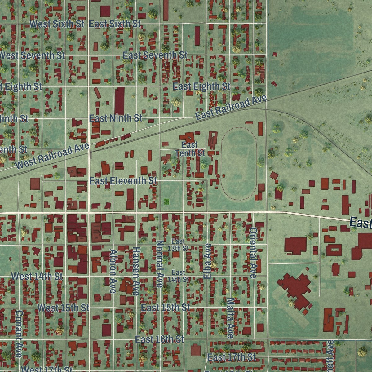 Close-up of the map of Burley, Idaho print showing street and building detail