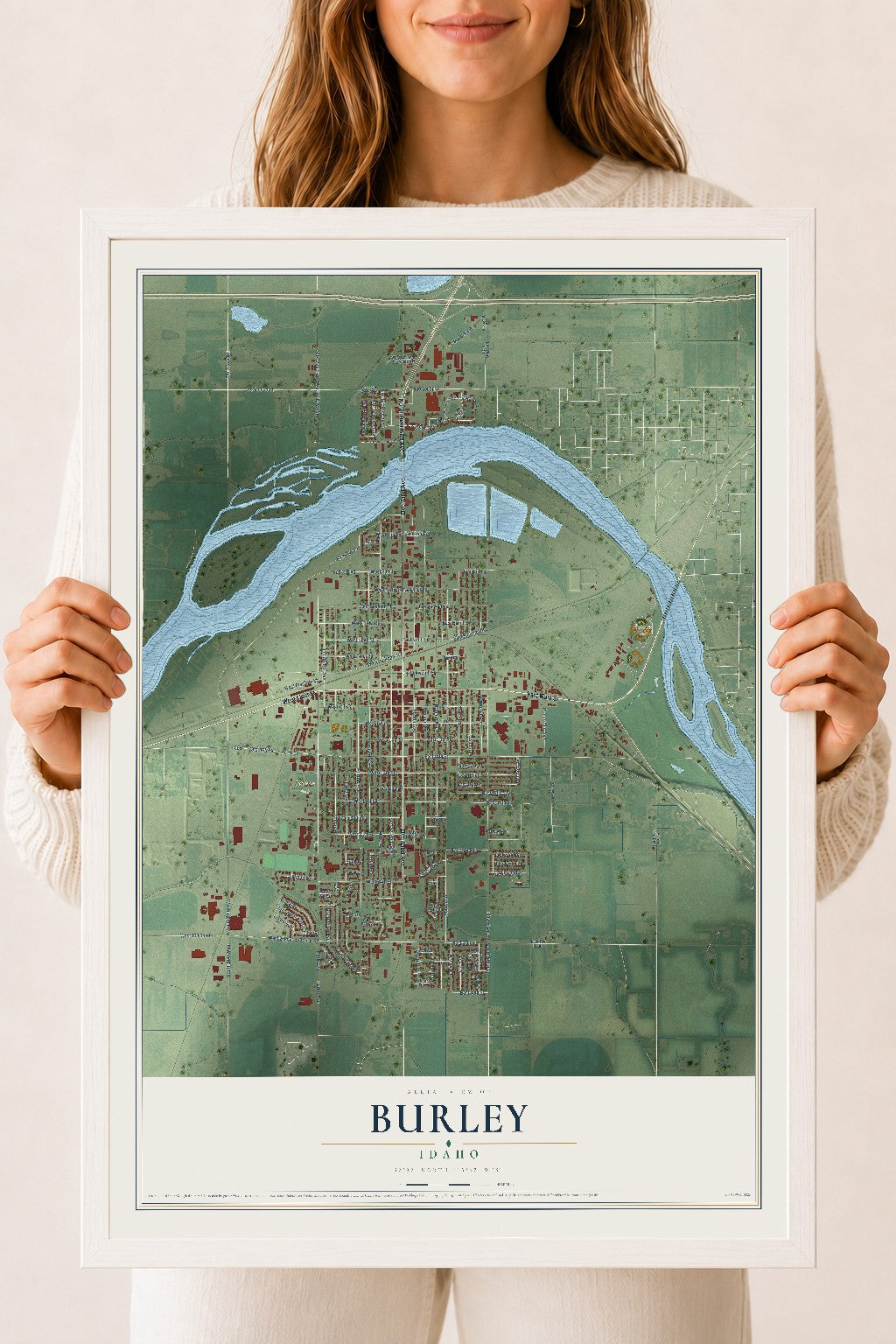 Map of Burley, Idaho, 18 x 24 inch print in a white wood frame