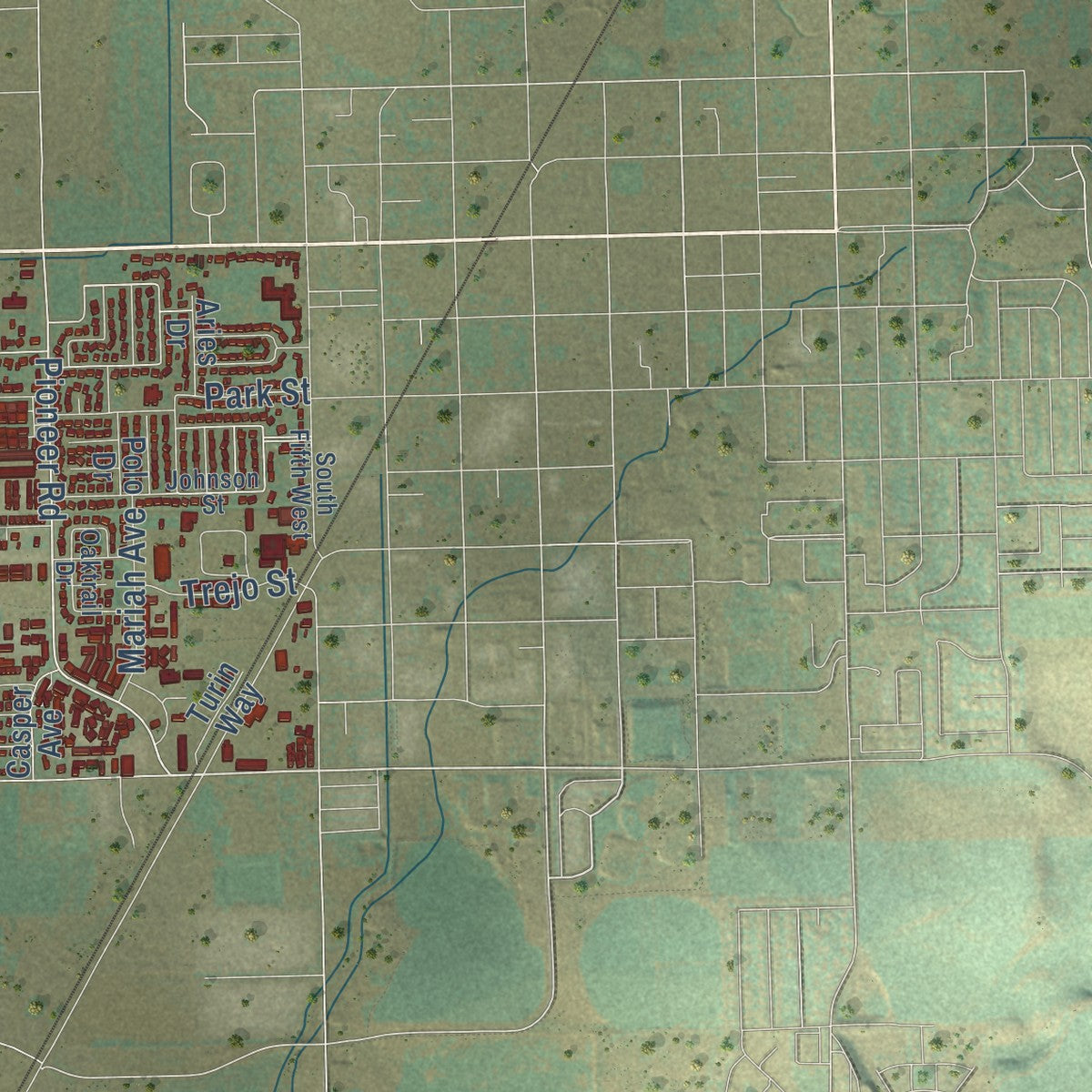 Close-up of the map of Burton, Idaho print showing street and building detail