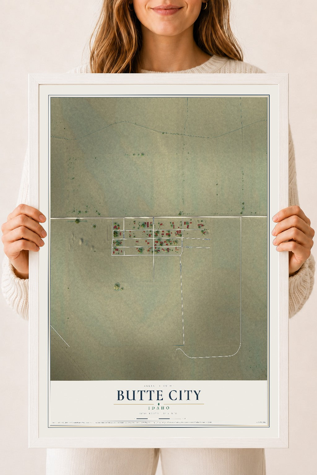 Map of Butte City, Idaho, 18 x 24 inch print in a white wood frame