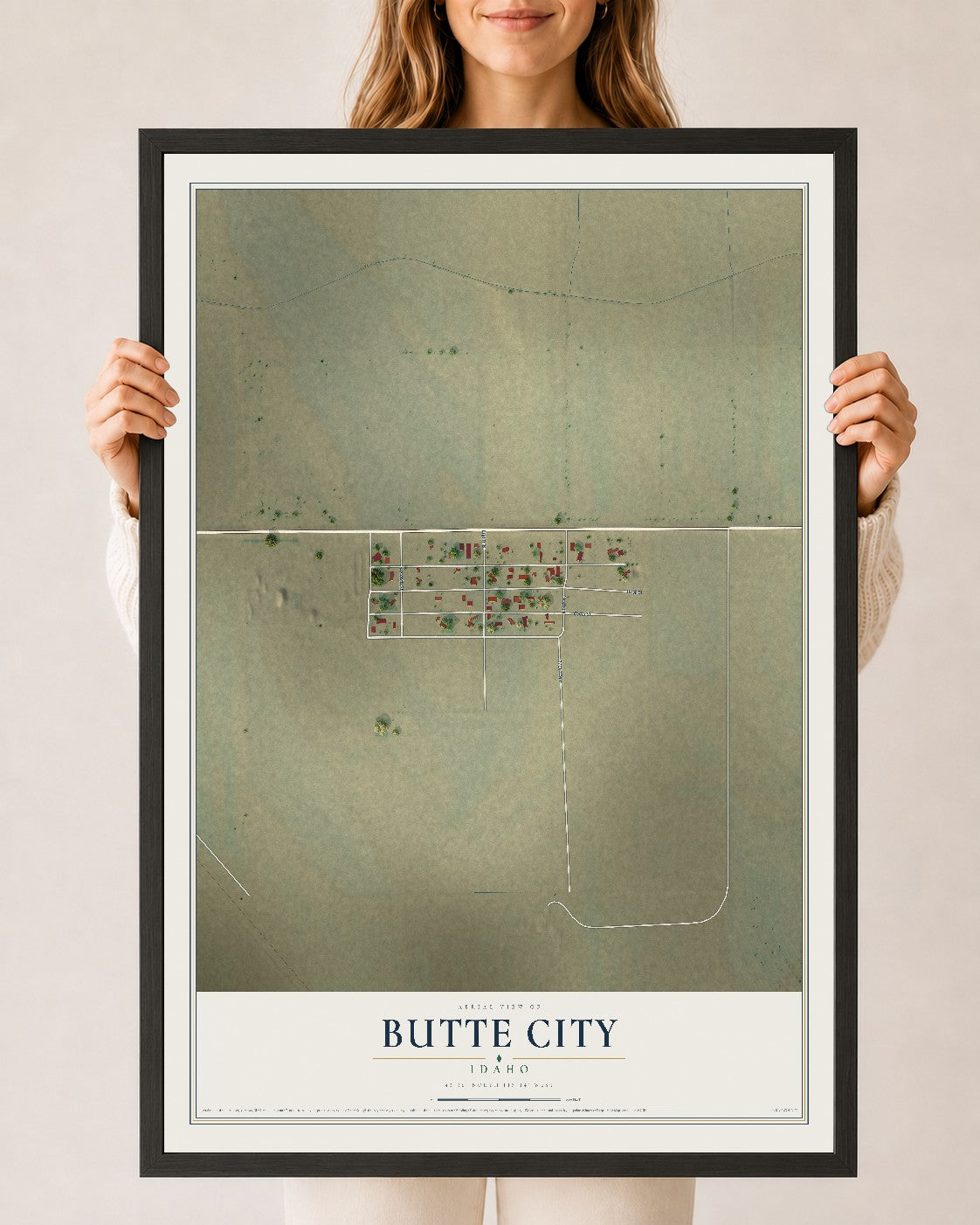 Map of Butte City, Idaho, 24 x 36 inch print in a black wood frame