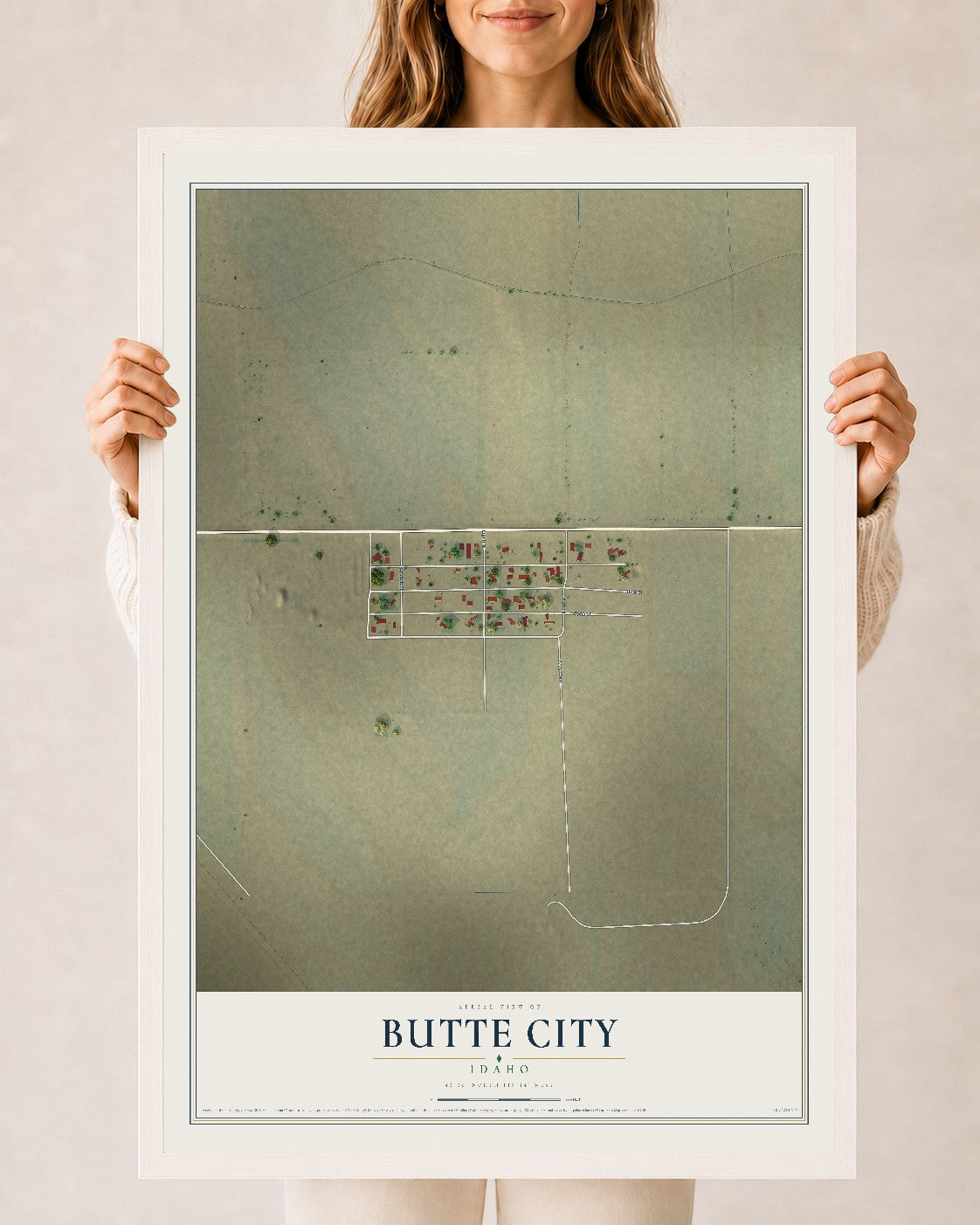 Map of Butte City, Idaho, 24 x 36 inch print in a white wood frame