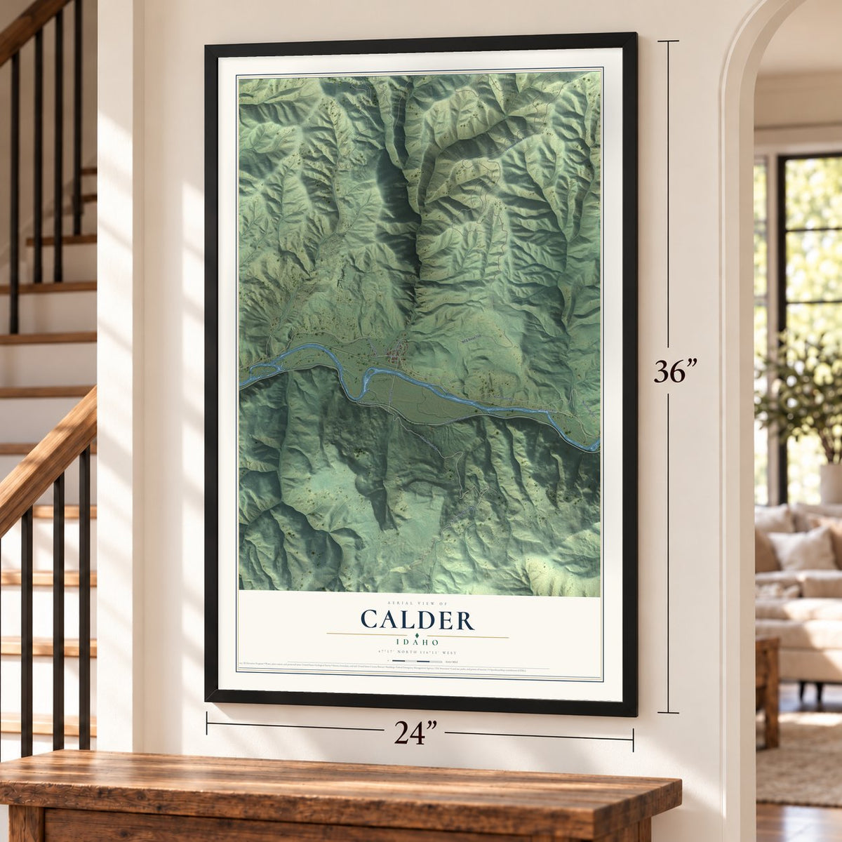 Calder, Idaho map, 24 x 36 inch print in a black frame by a staircase