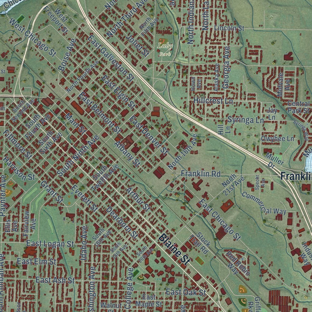 Close-up of the map of Caldwell, Idaho print showing street and building detail