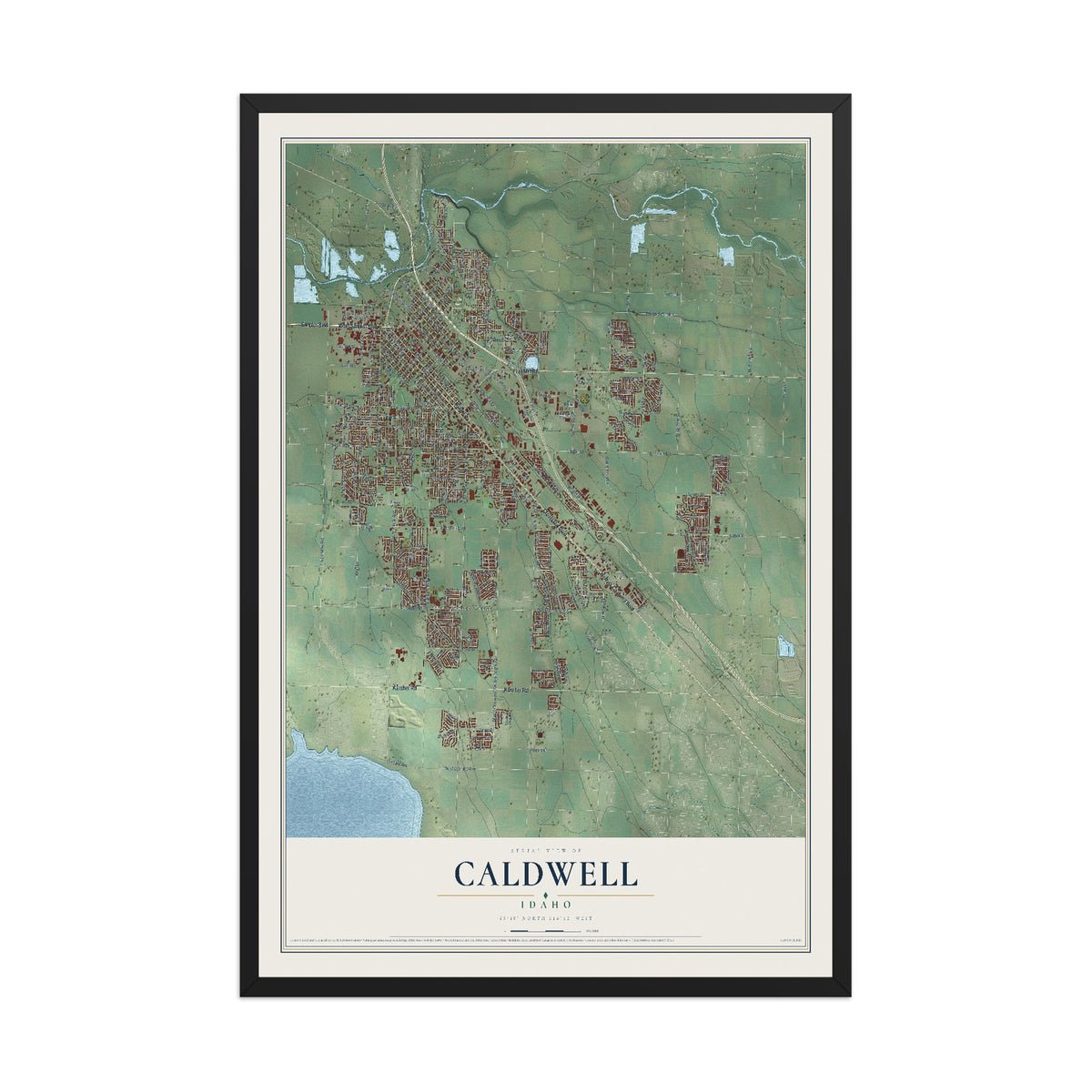 Map of Caldwell, Idaho, 12 x 18 inch print in a black wood frame