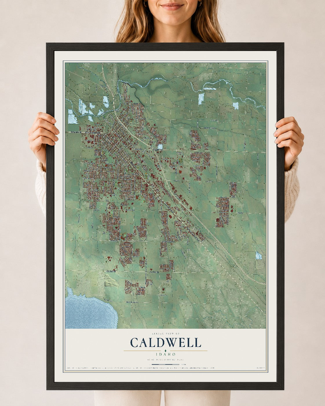 Map of Caldwell, Idaho, 24 x 36 inch print in a black wood frame