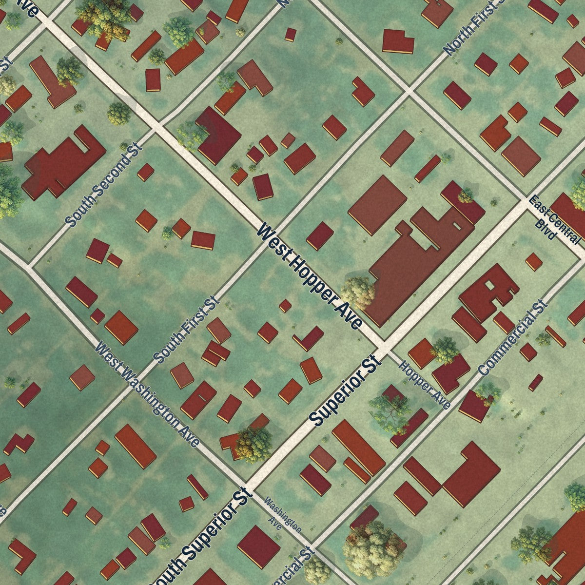 Close-up of the map of Cambridge, Idaho print showing street and building detail