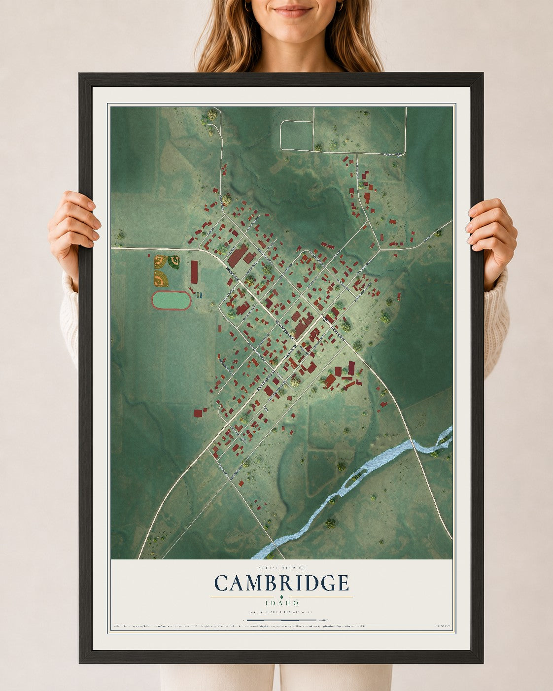 Map of Cambridge, Idaho, 24 x 36 inch print in a black wood frame