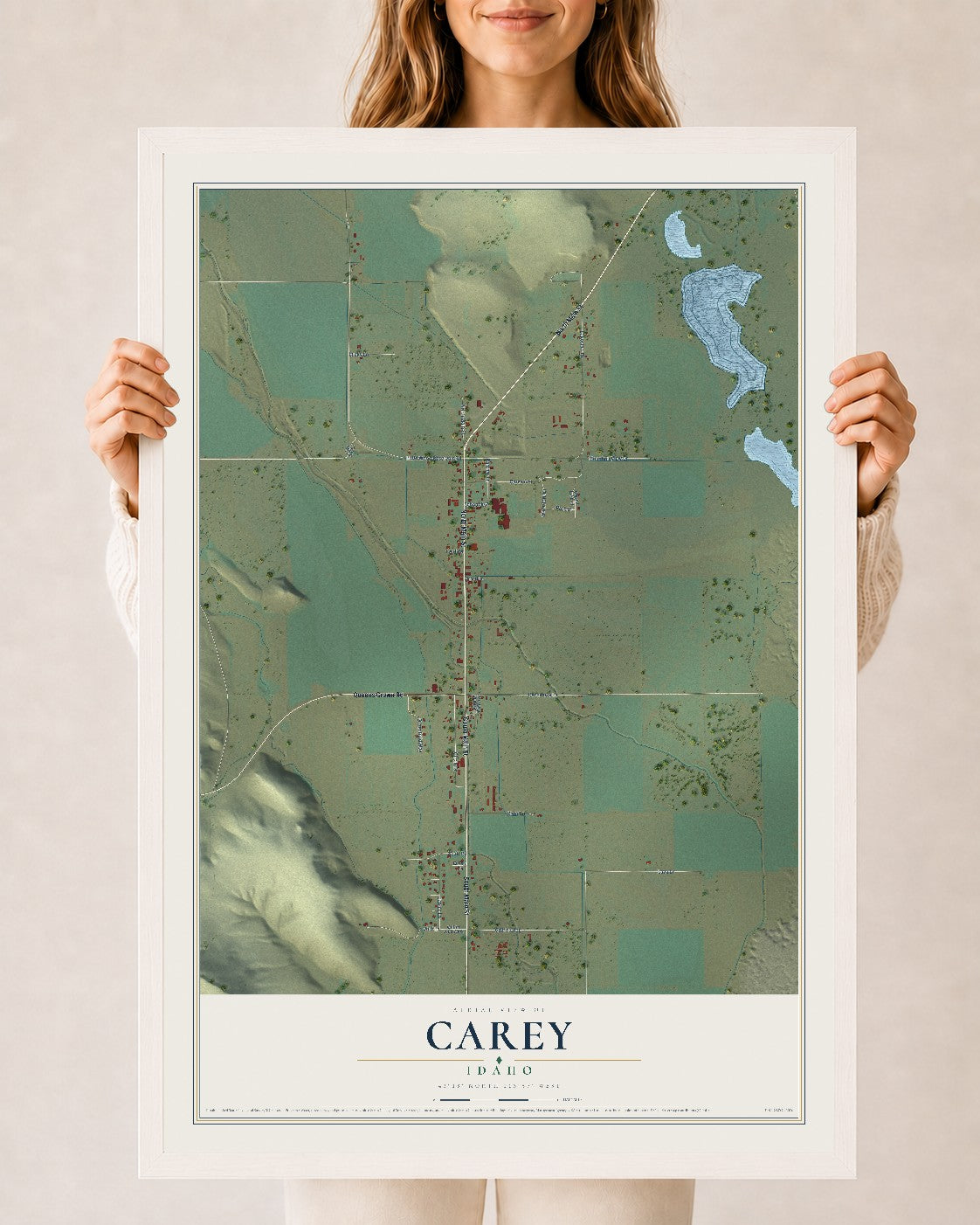 Map of Carey, Idaho, 24 x 36 inch print in a white wood frame