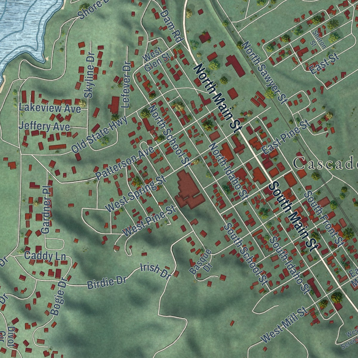 Close-up of the map of Cascade, Idaho print showing street and building detail