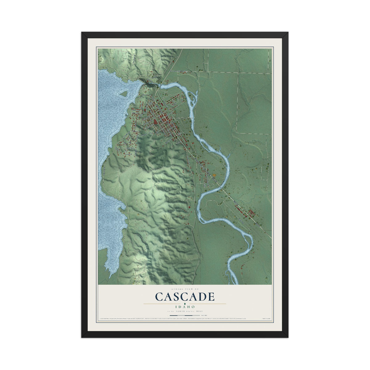 Map of Cascade, Idaho, 12 x 18 inch print in a black wood frame