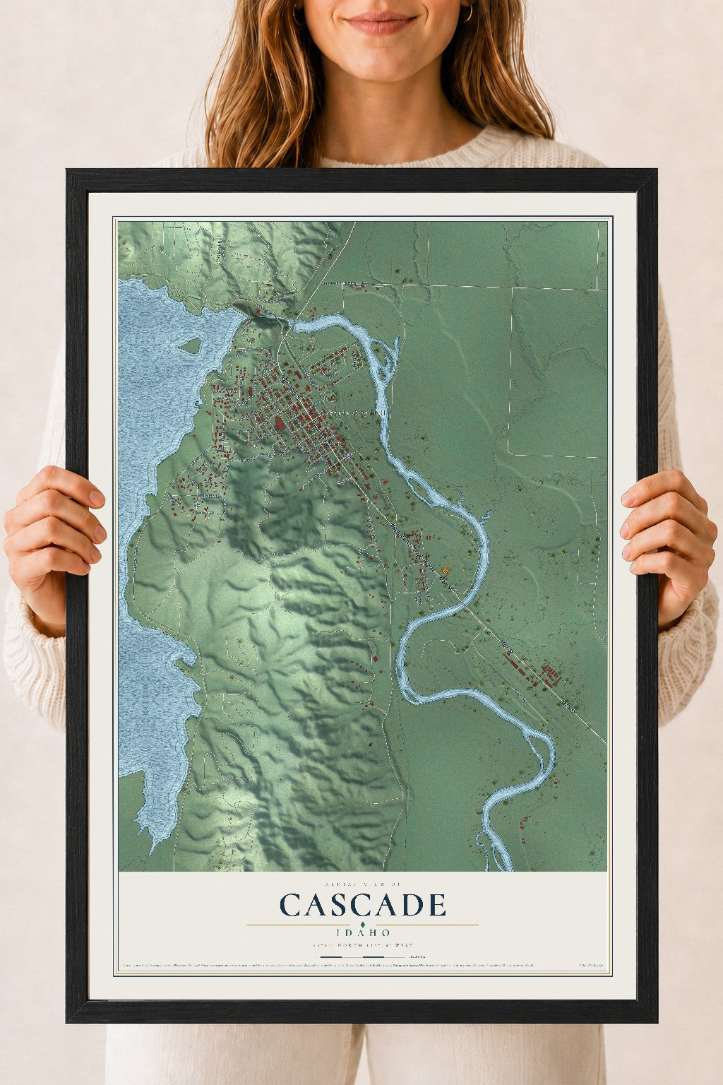 Map of Cascade, Idaho, 18 x 24 inch print in a black wood frame