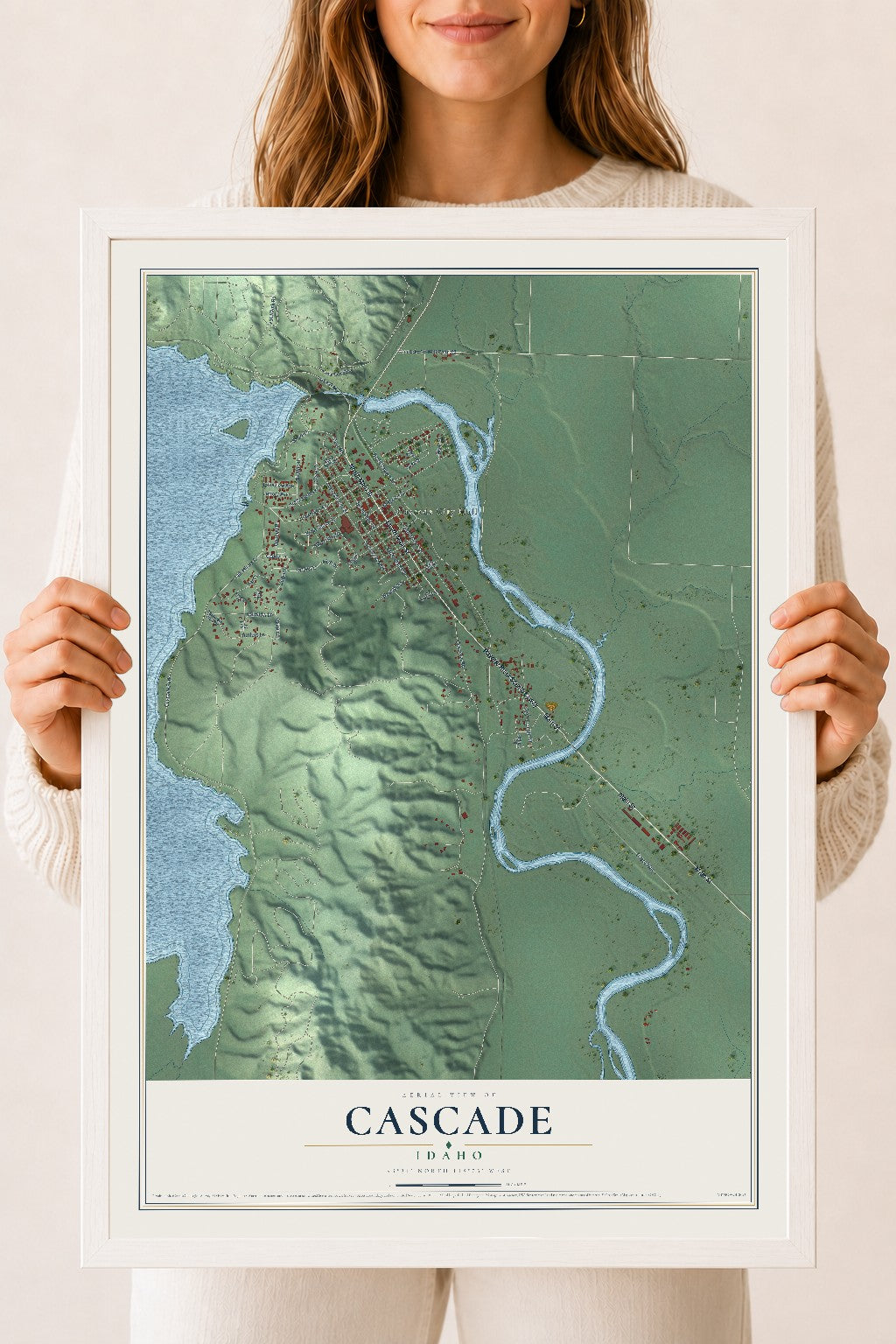 Map of Cascade, Idaho, 18 x 24 inch print in a white wood frame