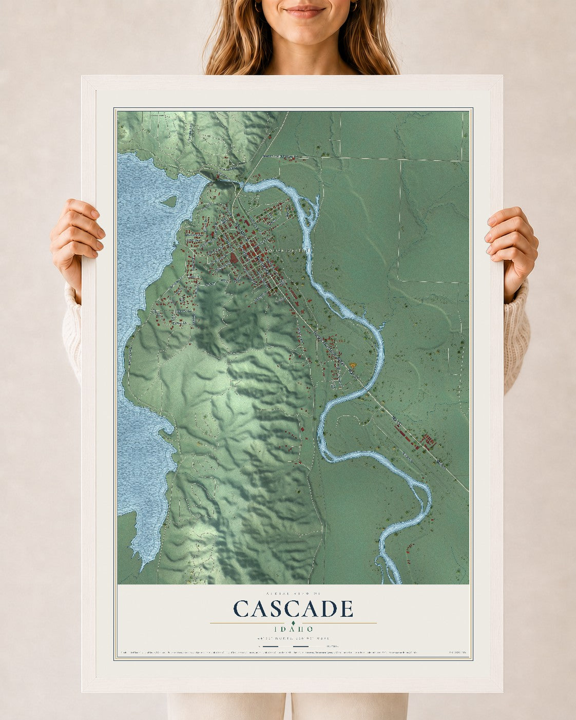 Map of Cascade, Idaho, 24 x 36 inch print in a white wood frame