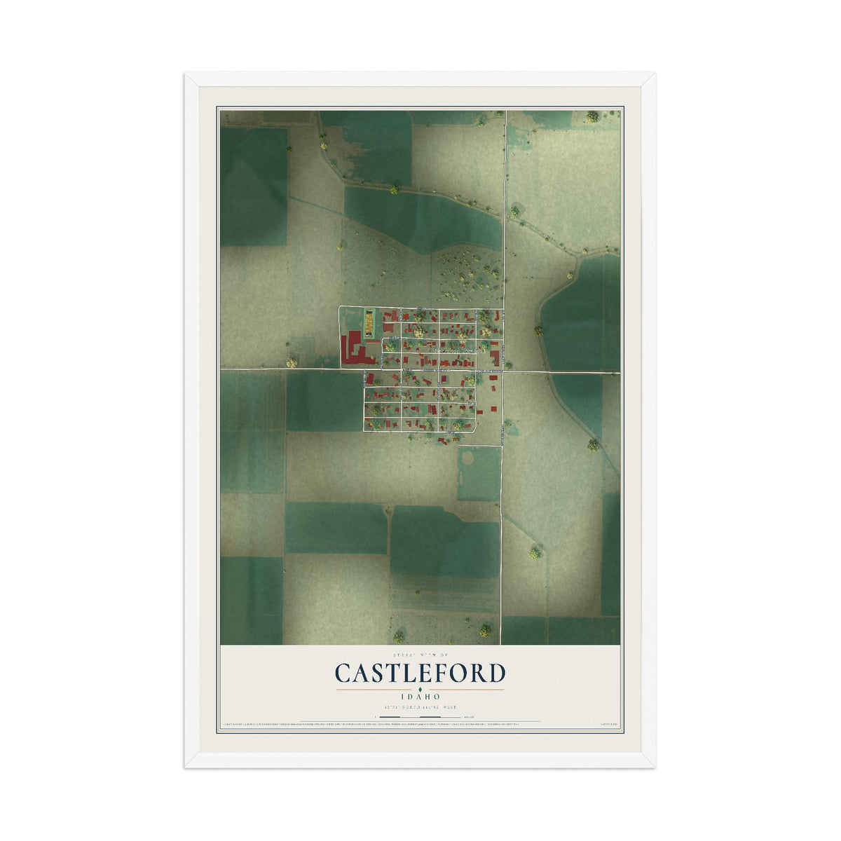 Map of Castleford, Idaho, 12 x 18 inch print in a white wood frame