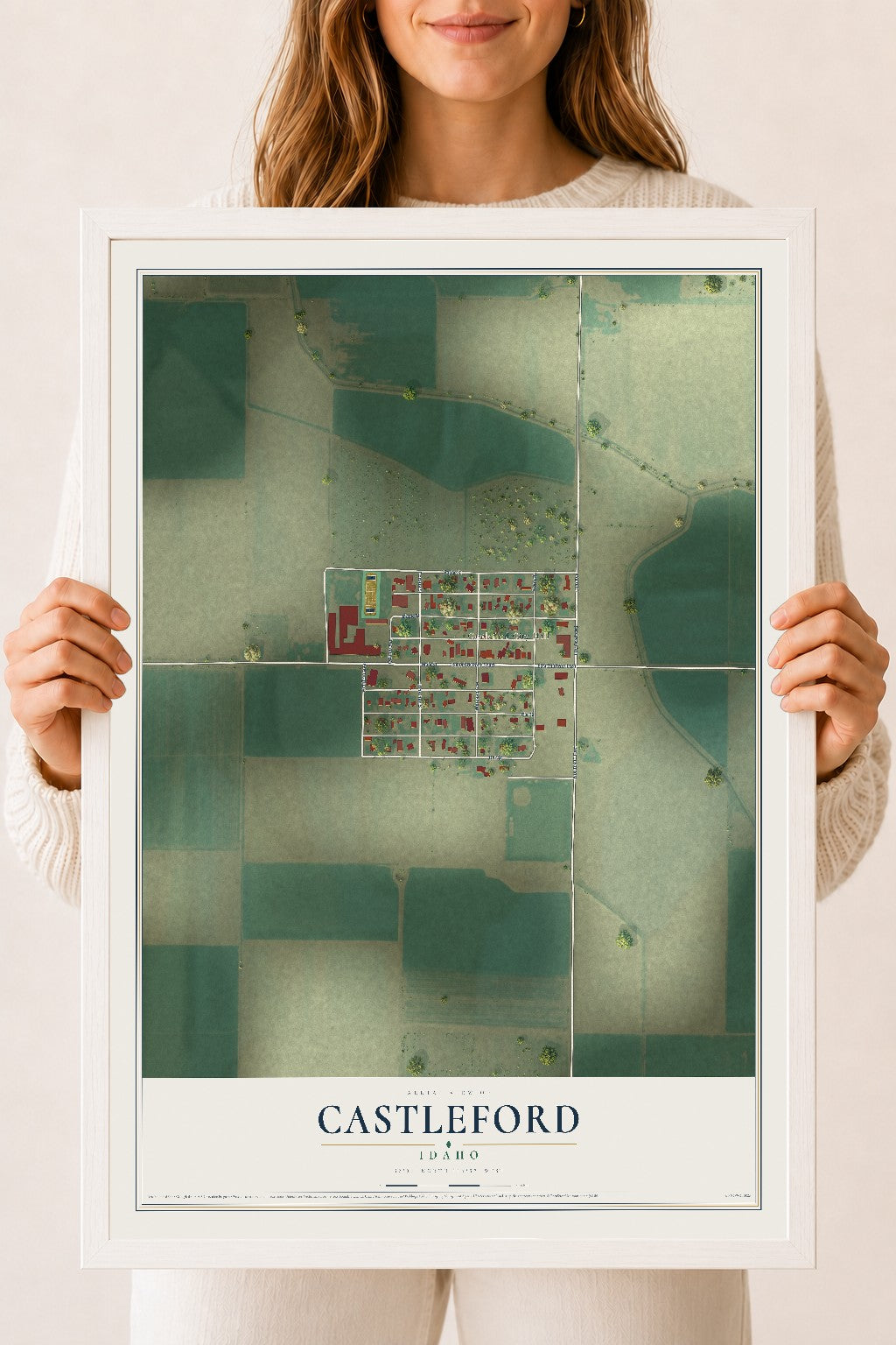 Map of Castleford, Idaho, 18 x 24 inch print in a white wood frame