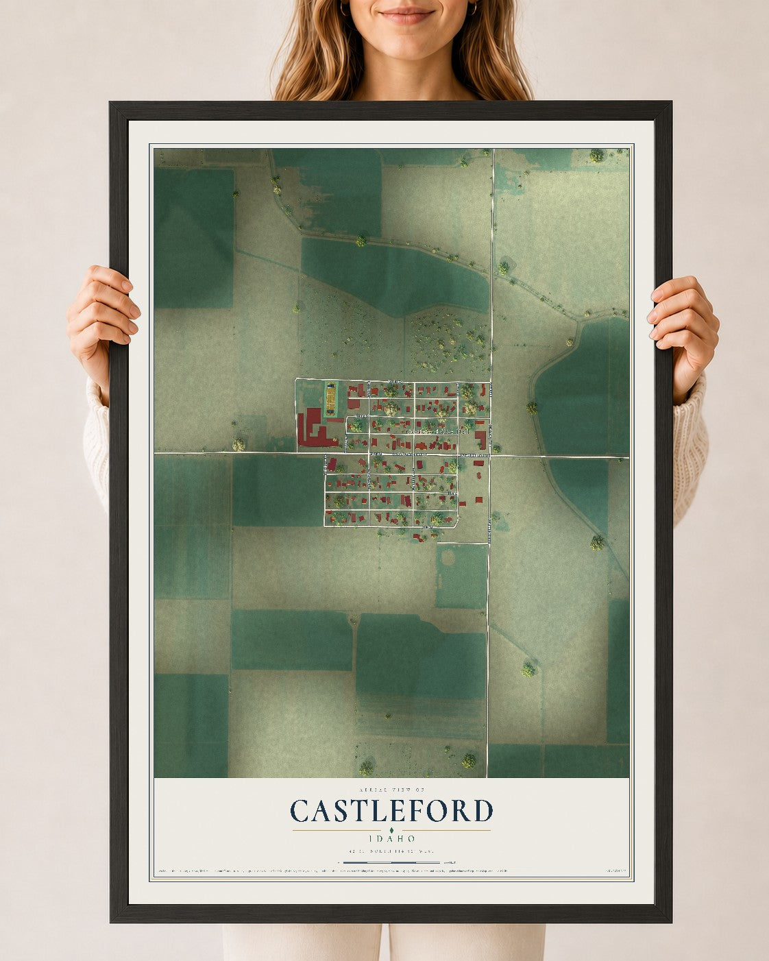 Map of Castleford, Idaho, 24 x 36 inch print in a black wood frame