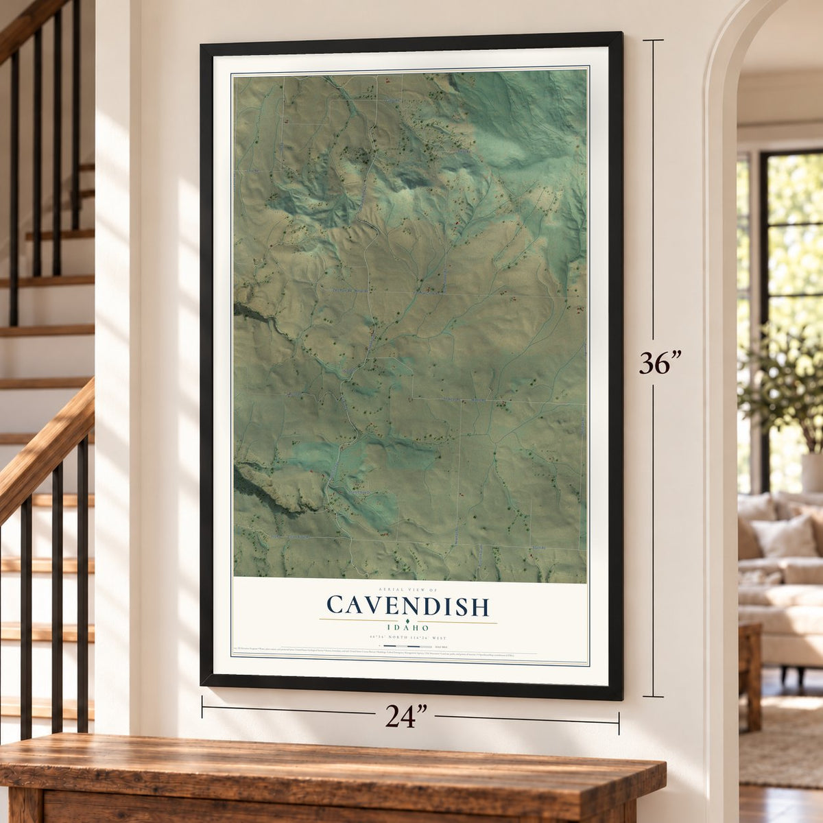 Cavendish, Idaho map, 24 x 36 inch print in a black frame by a staircase