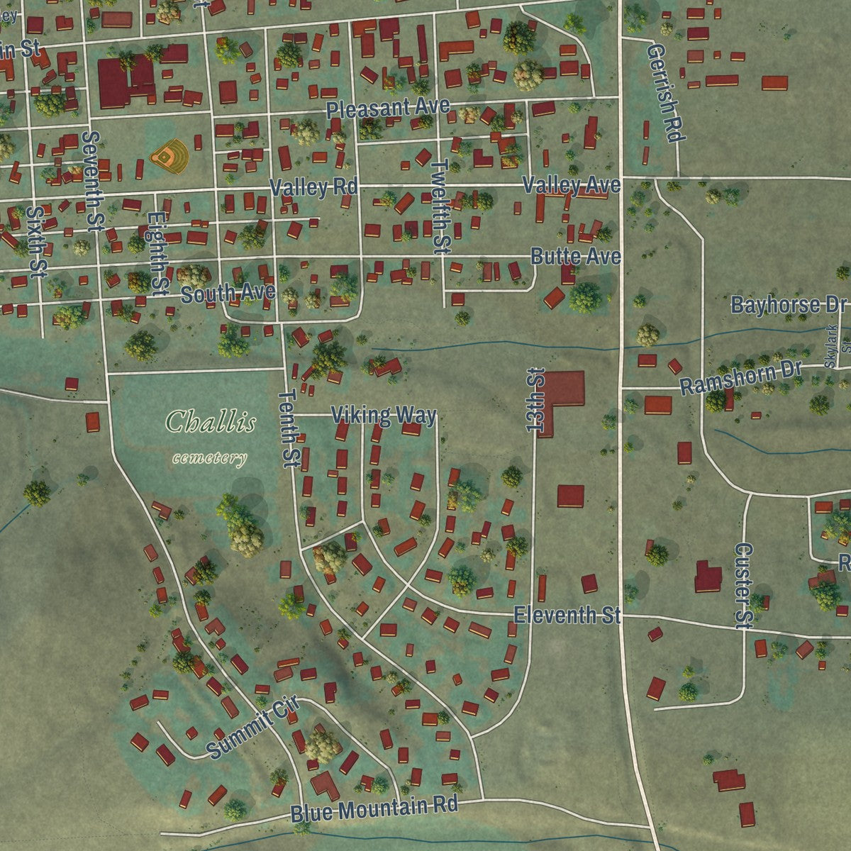 Close-up of the map of Challis, Idaho print showing street and building detail