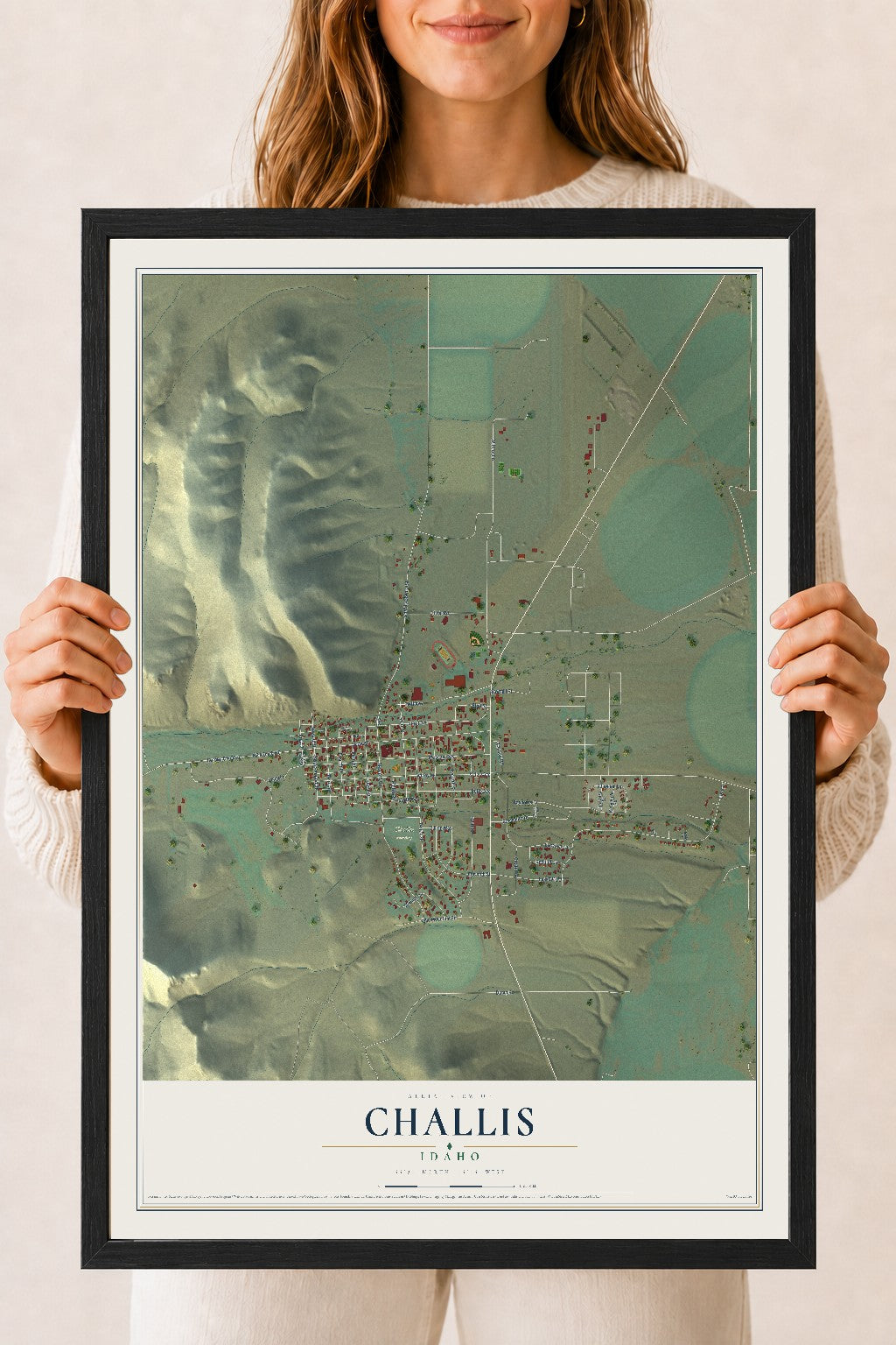 Map of Challis, Idaho, 18 x 24 inch print in a black wood frame