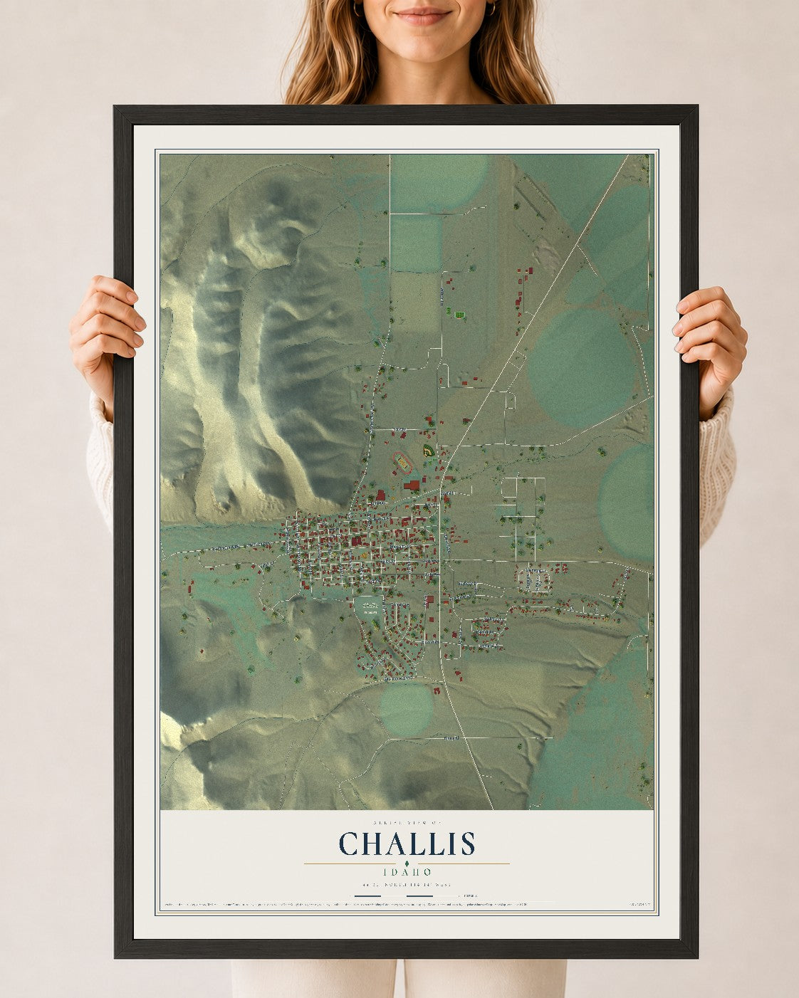 Map of Challis, Idaho, 24 x 36 inch print in a black wood frame