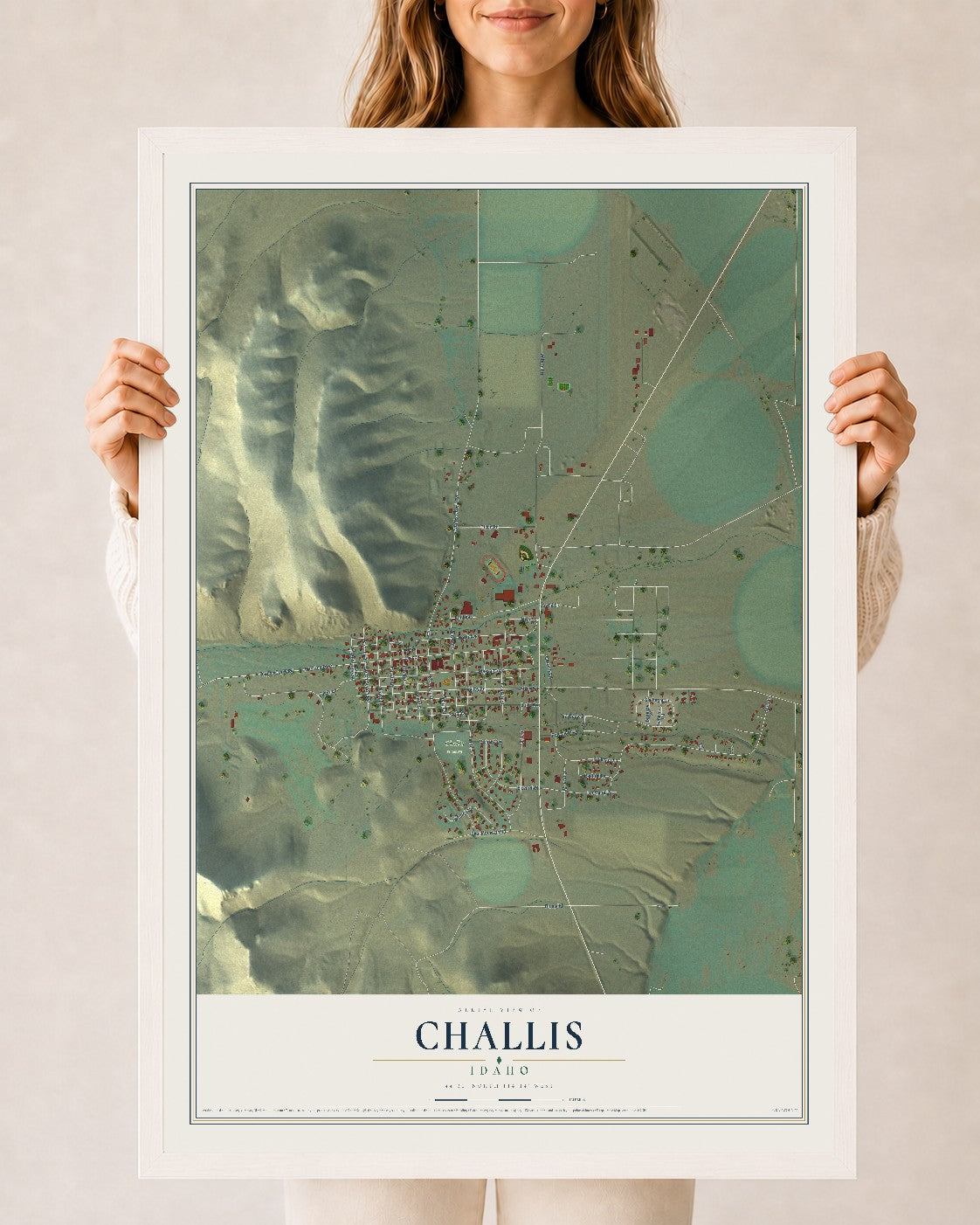 Map of Challis, Idaho, 24 x 36 inch print in a white wood frame