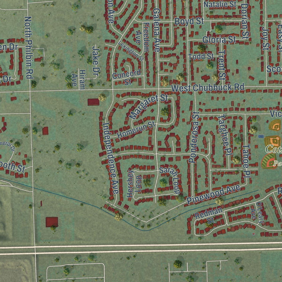 Close-up of the map of Chubbuck, Idaho print showing street and building detail