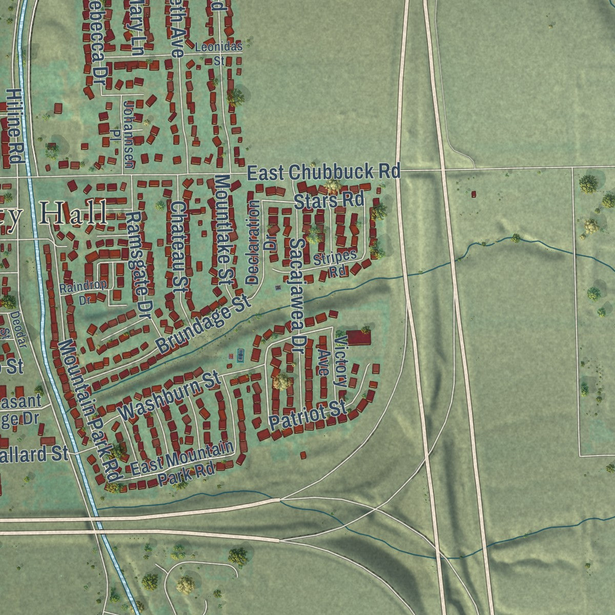 Second close-up of the map of Chubbuck, Idaho print showing more streets and buildings