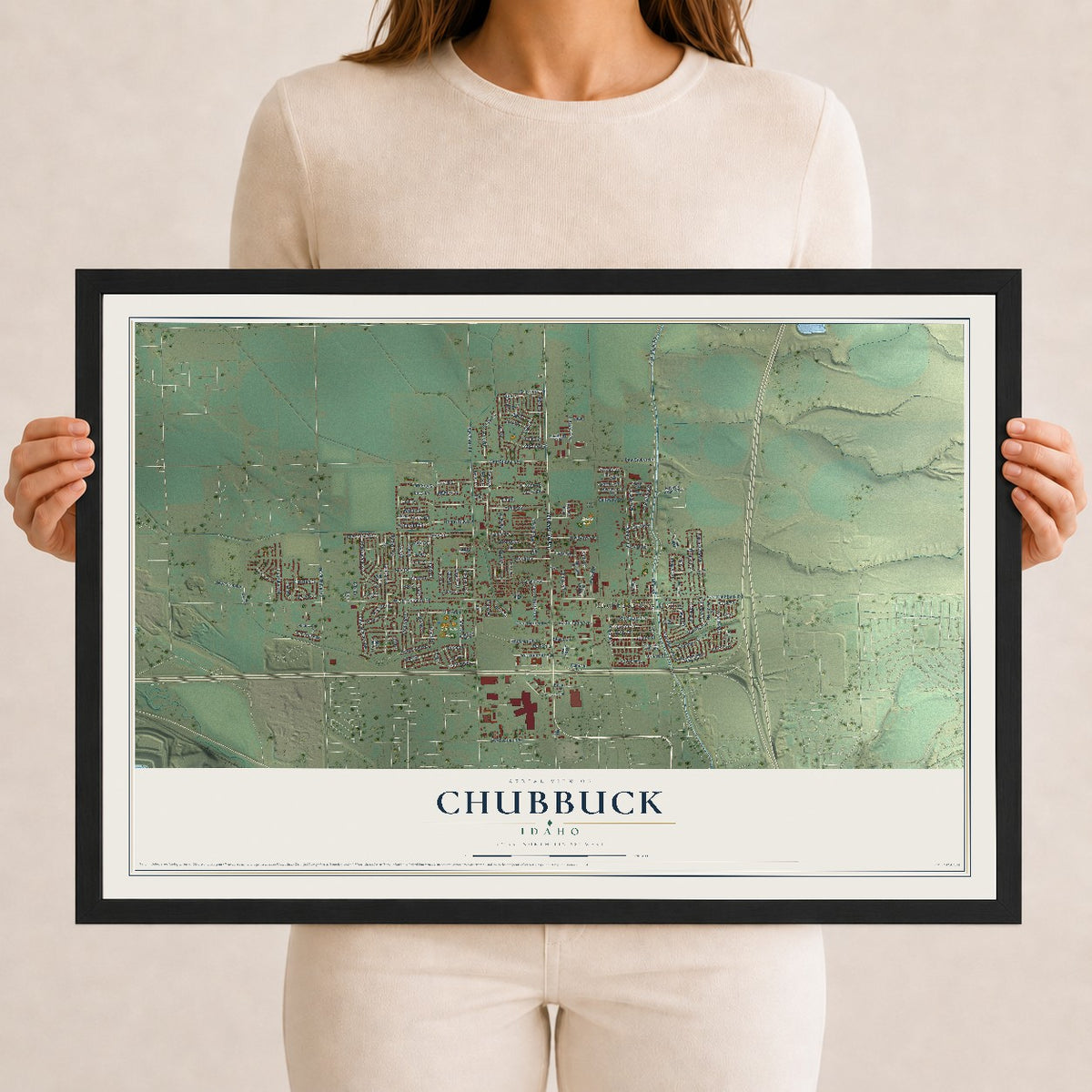 Map of Chubbuck, Idaho, 12 x 18 inch print in a black wood frame