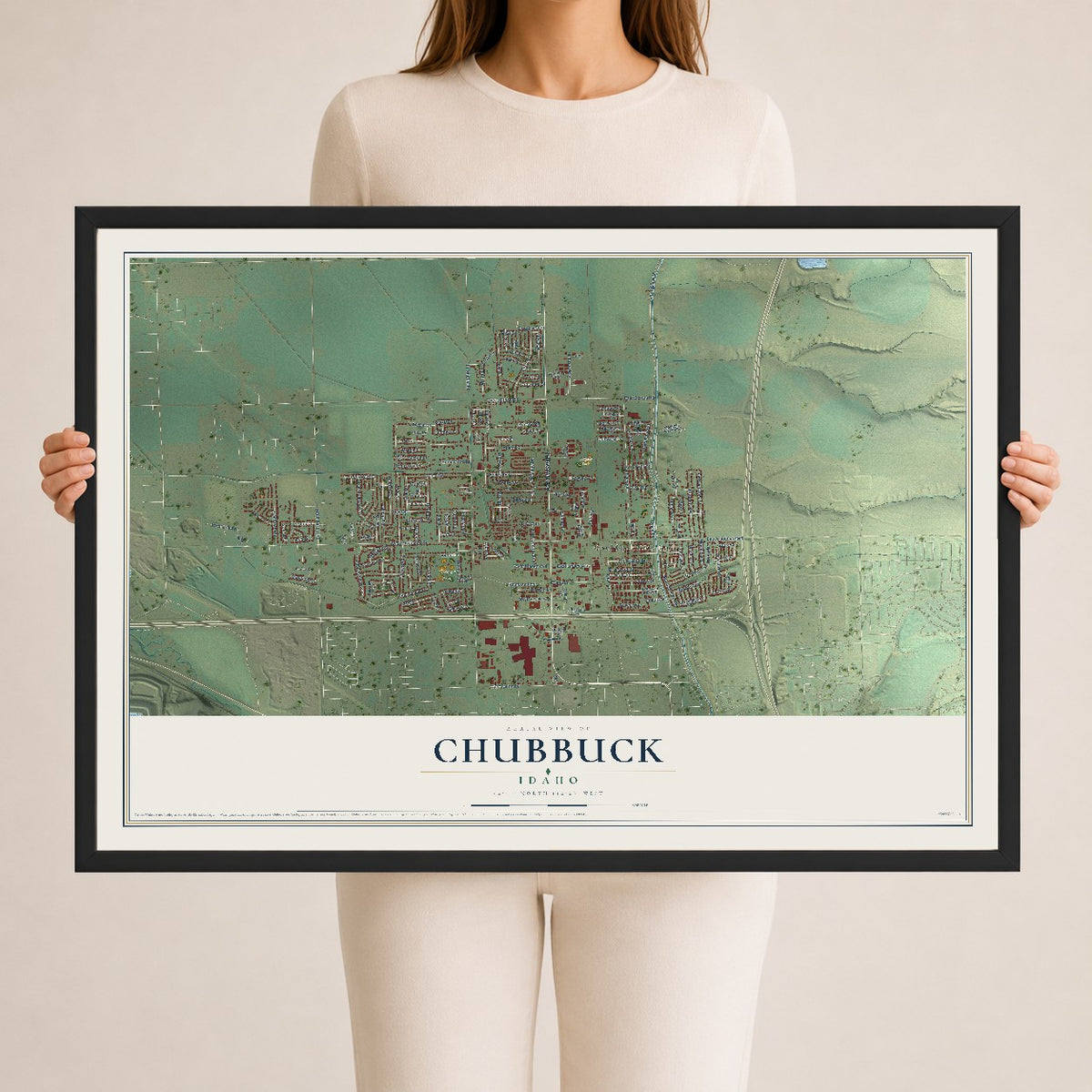 Map of Chubbuck, Idaho, 24 x 36 inch print in a black wood frame