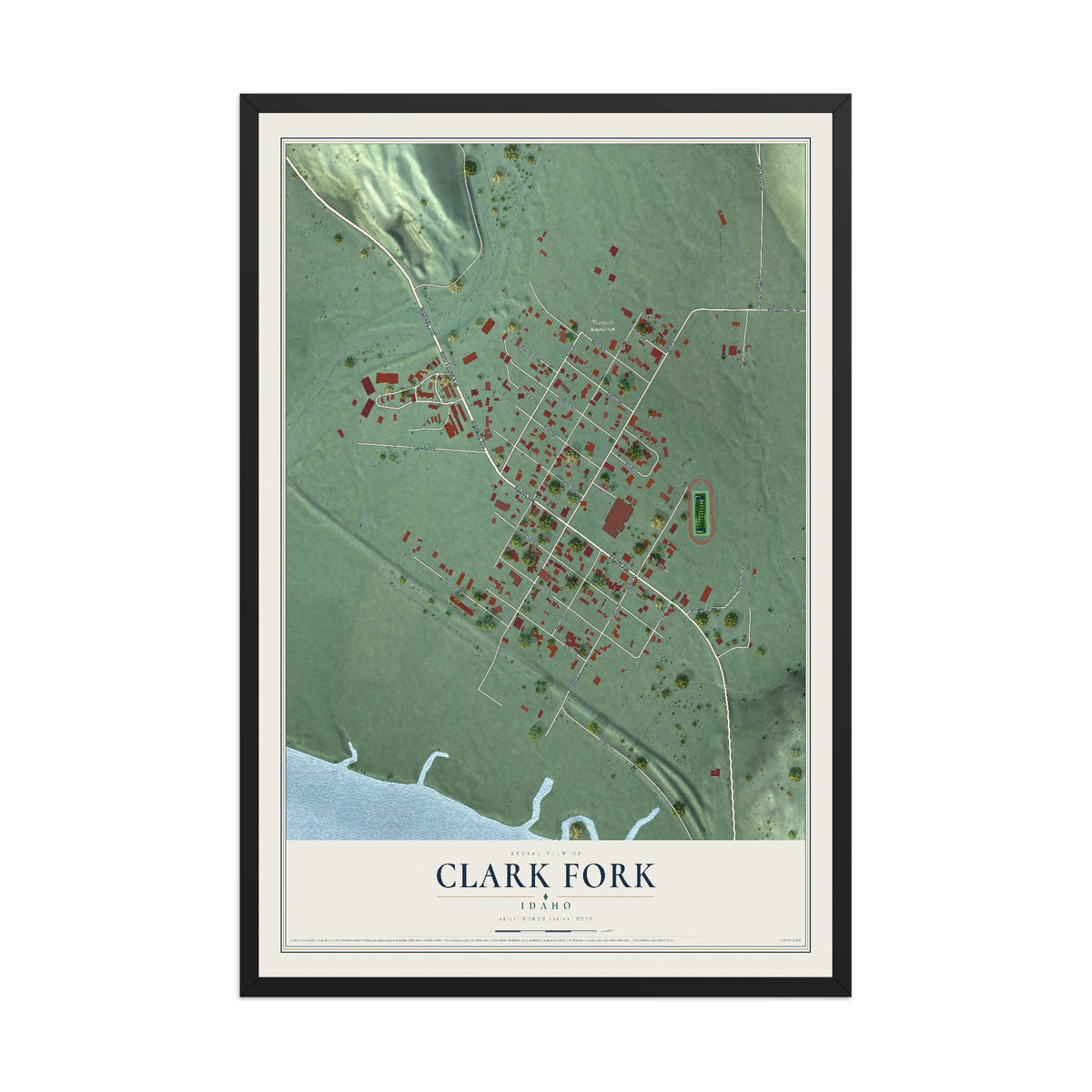 Map of Clark Fork, Idaho, 12 x 18 inch print in a black wood frame