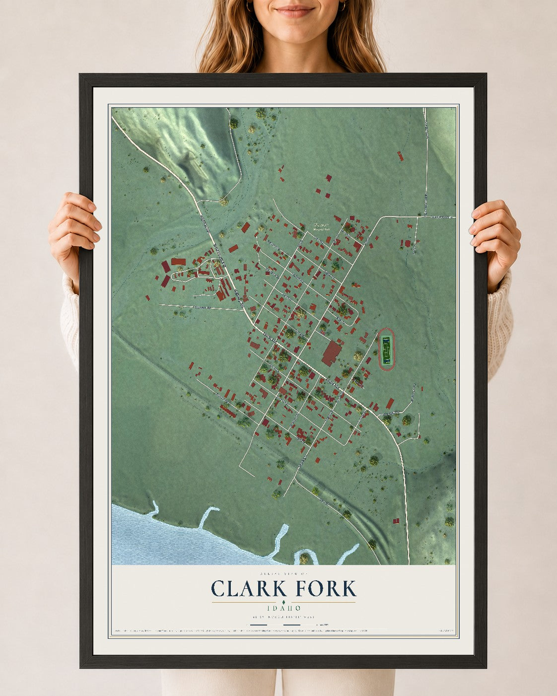 Map of Clark Fork, Idaho, 24 x 36 inch print in a black wood frame