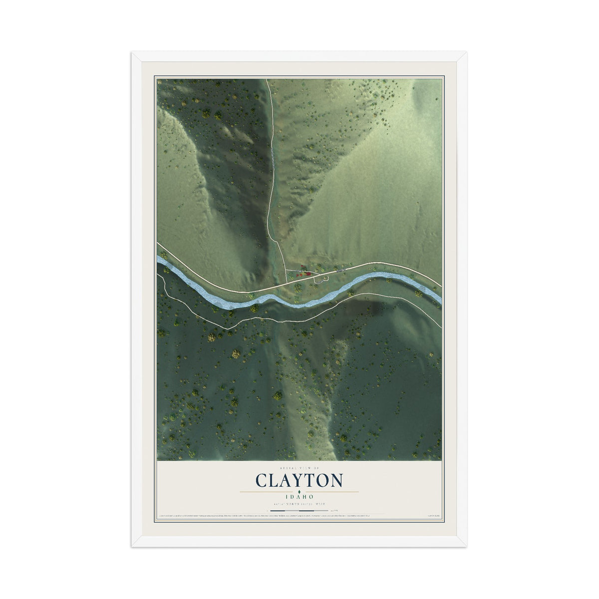 Map of Clayton, Idaho, 12 x 18 inch print in a white wood frame