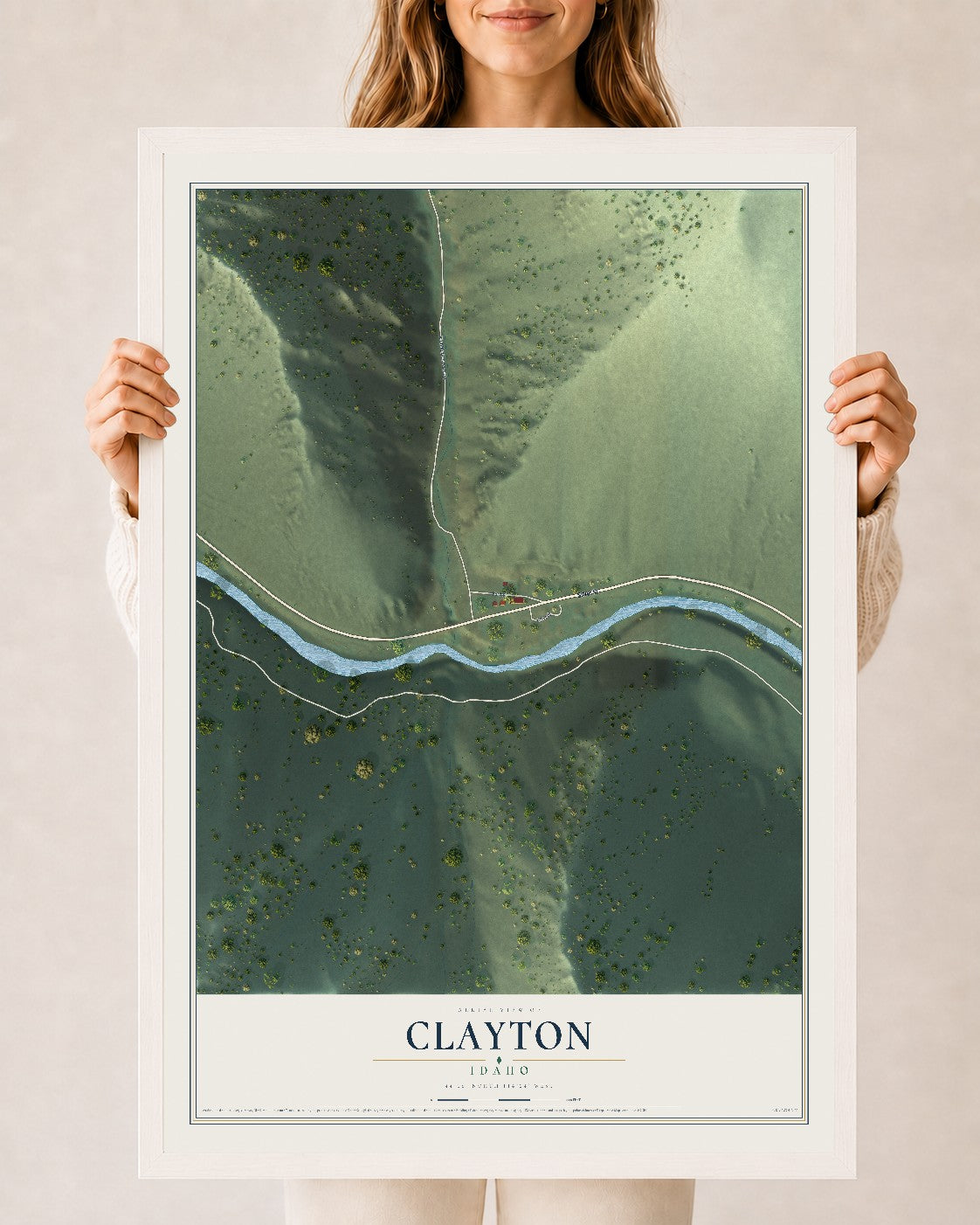 Map of Clayton, Idaho, 24 x 36 inch print in a white wood frame