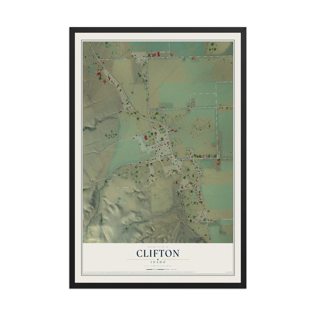 Map of Clifton, Idaho, 12 x 18 inch print in a black wood frame
