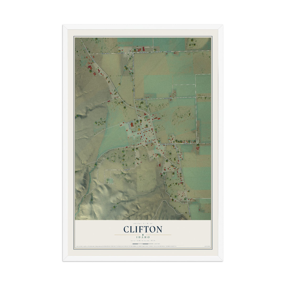 Map of Clifton, Idaho, 12 x 18 inch print in a white wood frame