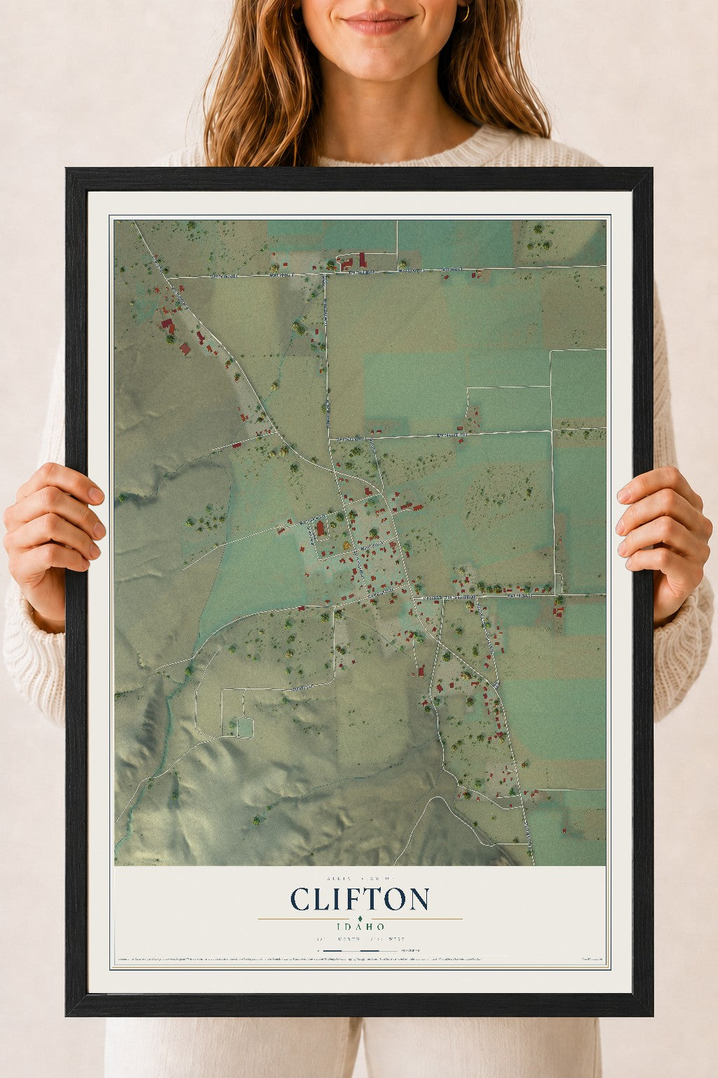 Map of Clifton, Idaho, 18 x 24 inch print in a black wood frame