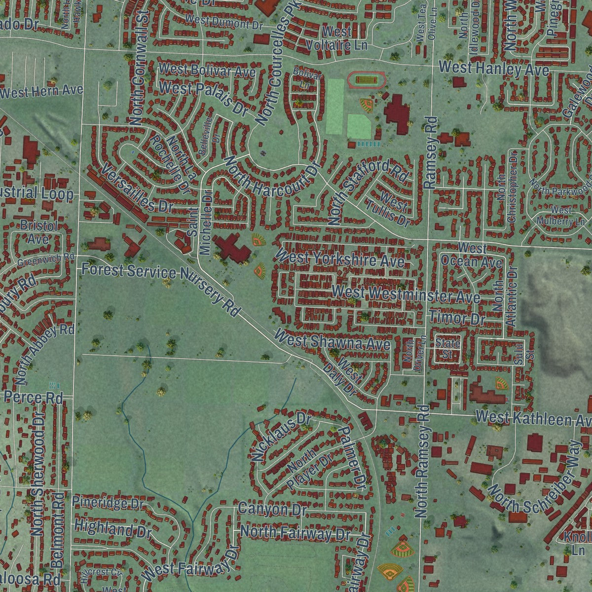 Second close-up of the map of Coeur d'Alene, Idaho print showing more streets and buildings