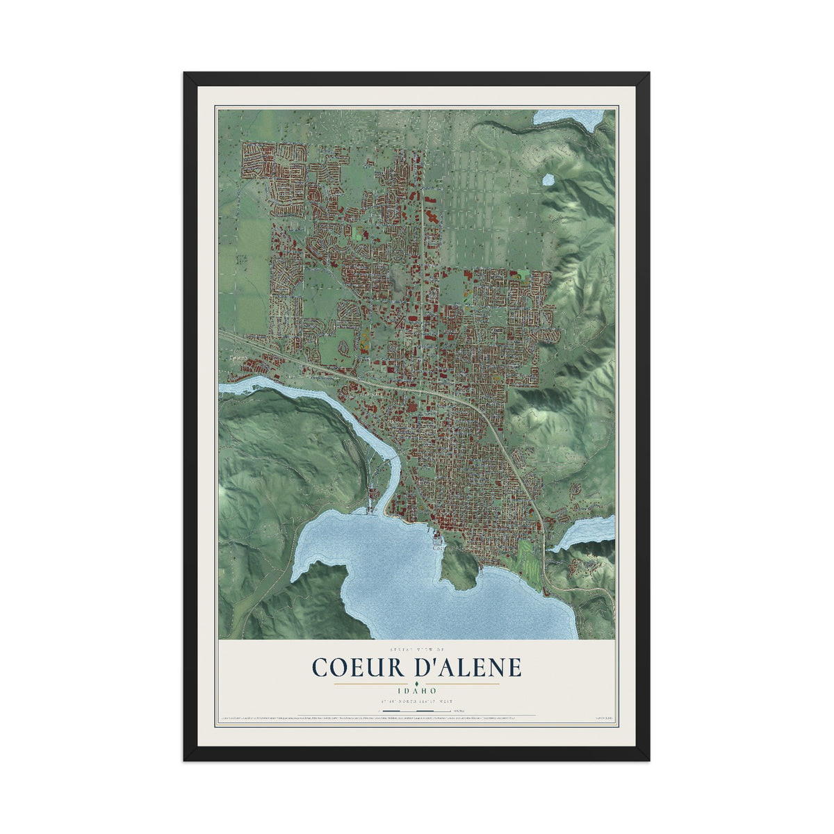 Map of Coeur d'Alene, Idaho, 12 x 18 inch print in a black wood frame