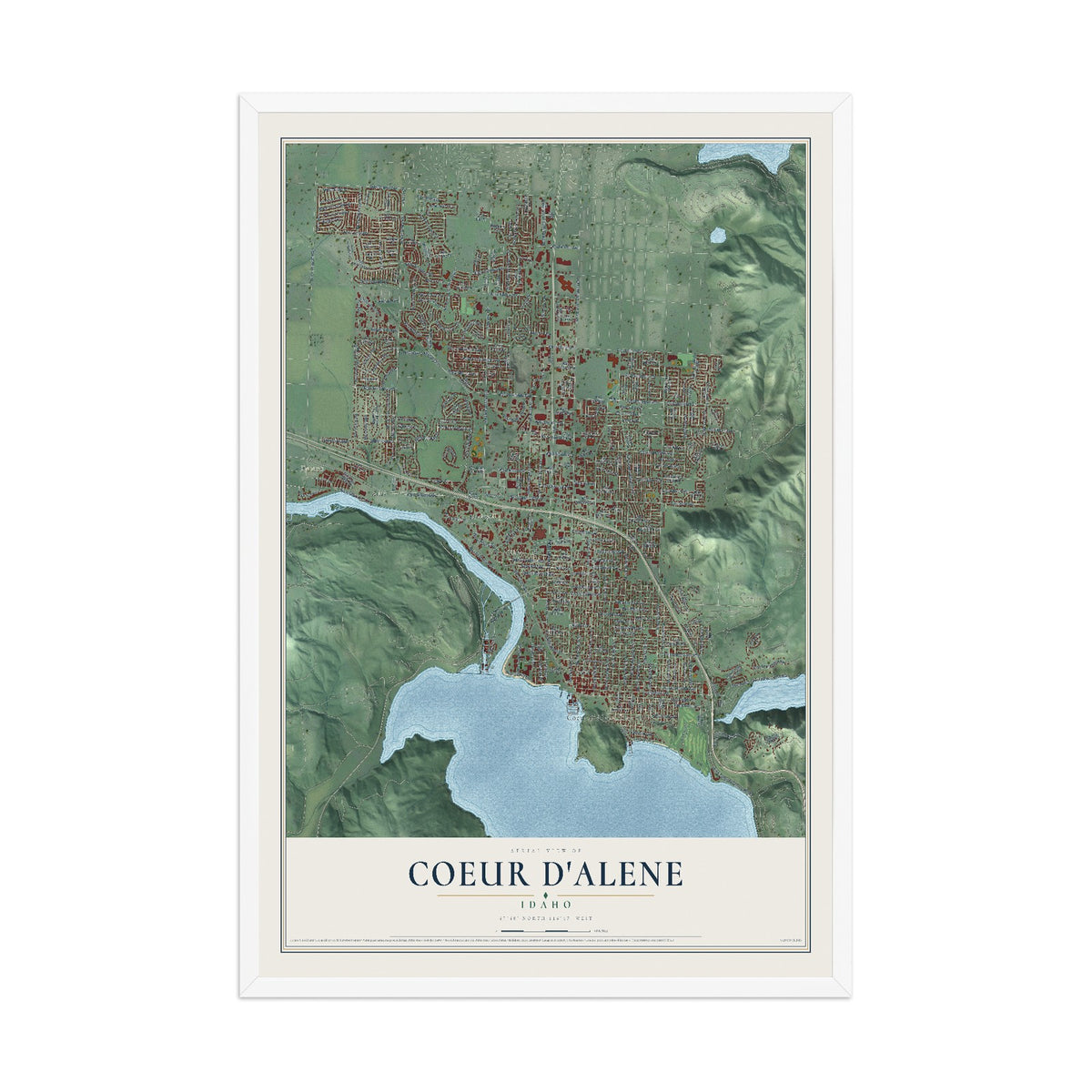 Map of Coeur d'Alene, Idaho, 12 x 18 inch print in a white wood frame