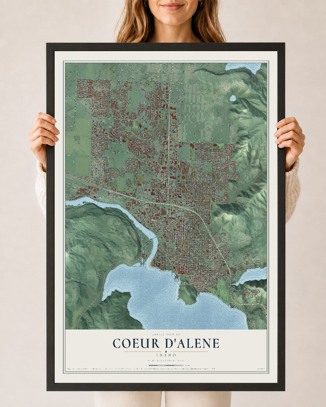 Map of Coeur d'Alene, Idaho, 24 x 36 inch print in a black wood frame