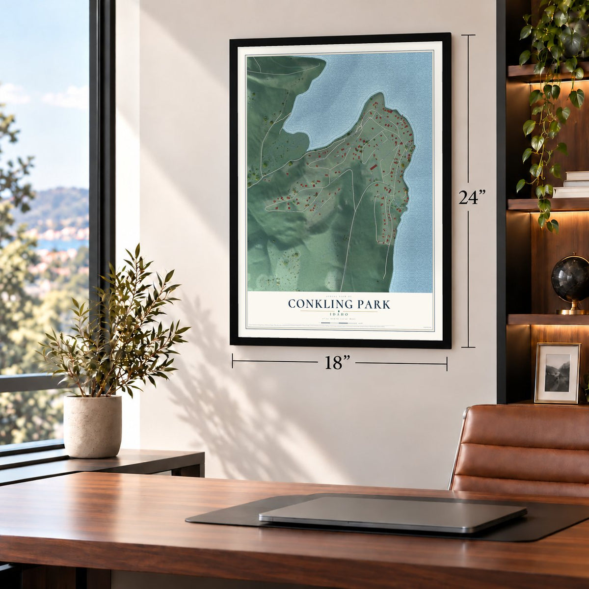 Conkling Park, Idaho map, 18 x 24 inch print in a black frame in a home office