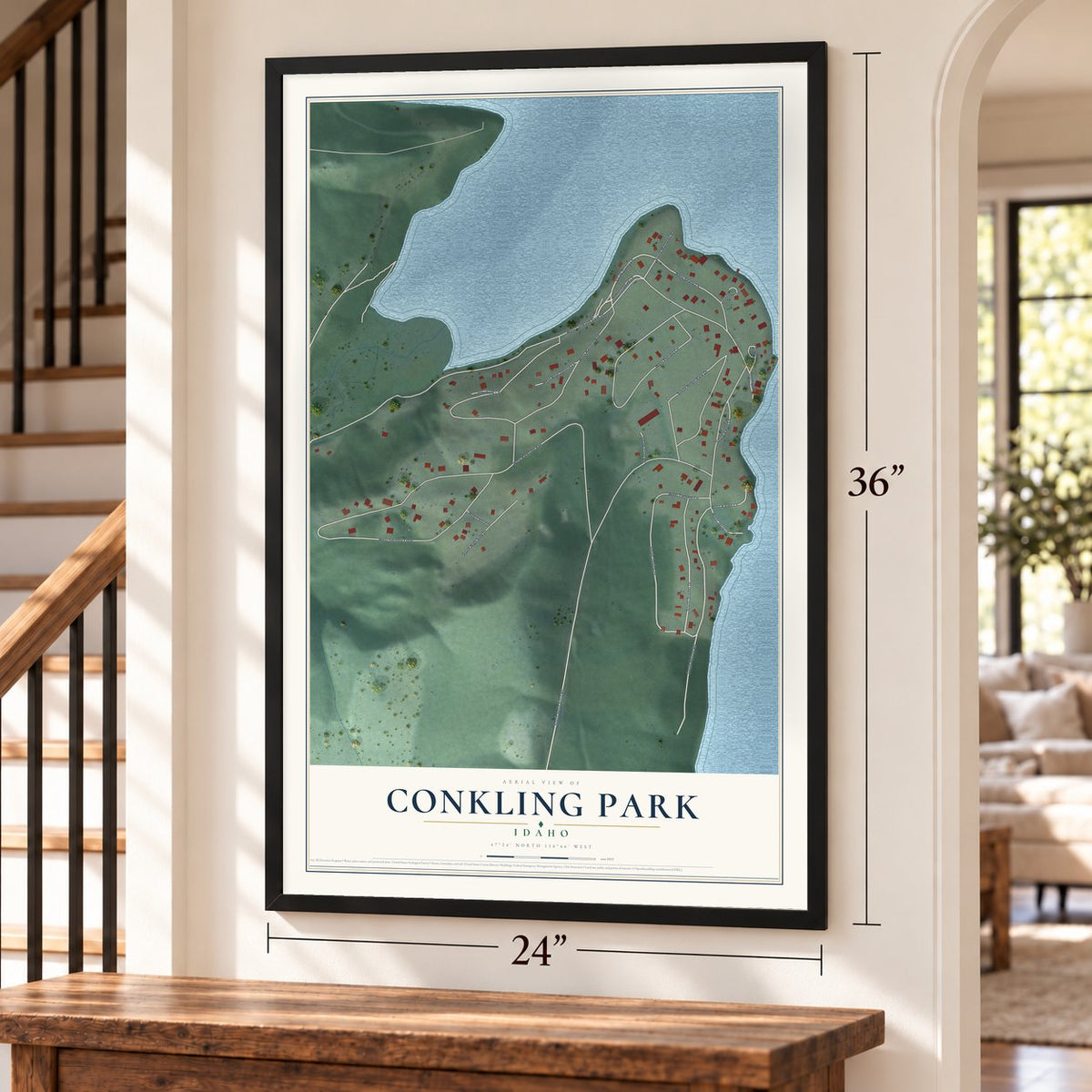 Conkling Park, Idaho map, 24 x 36 inch print in a black frame by a staircase
