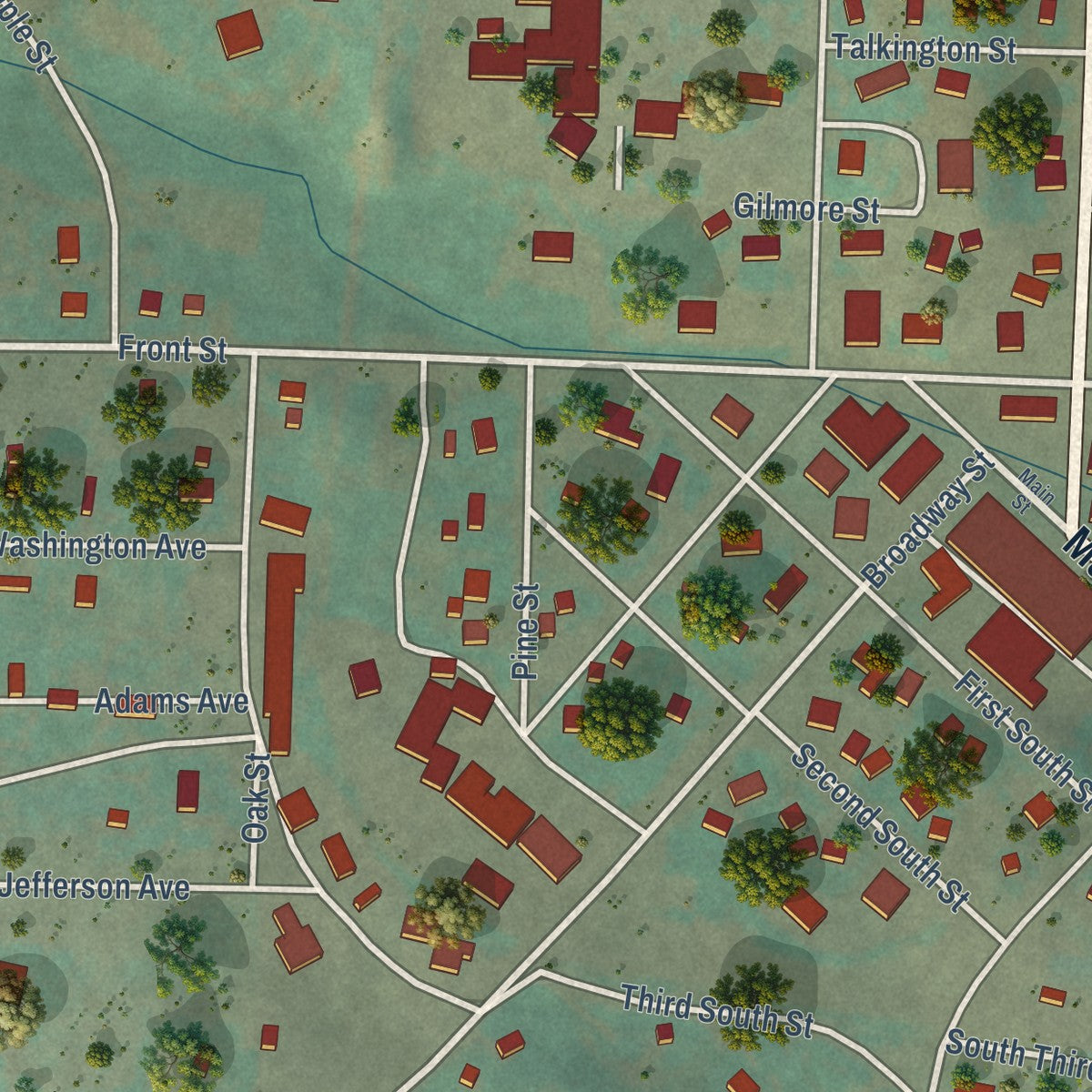 Second close-up of the map of Cottonwood, Idaho print showing more streets and buildings