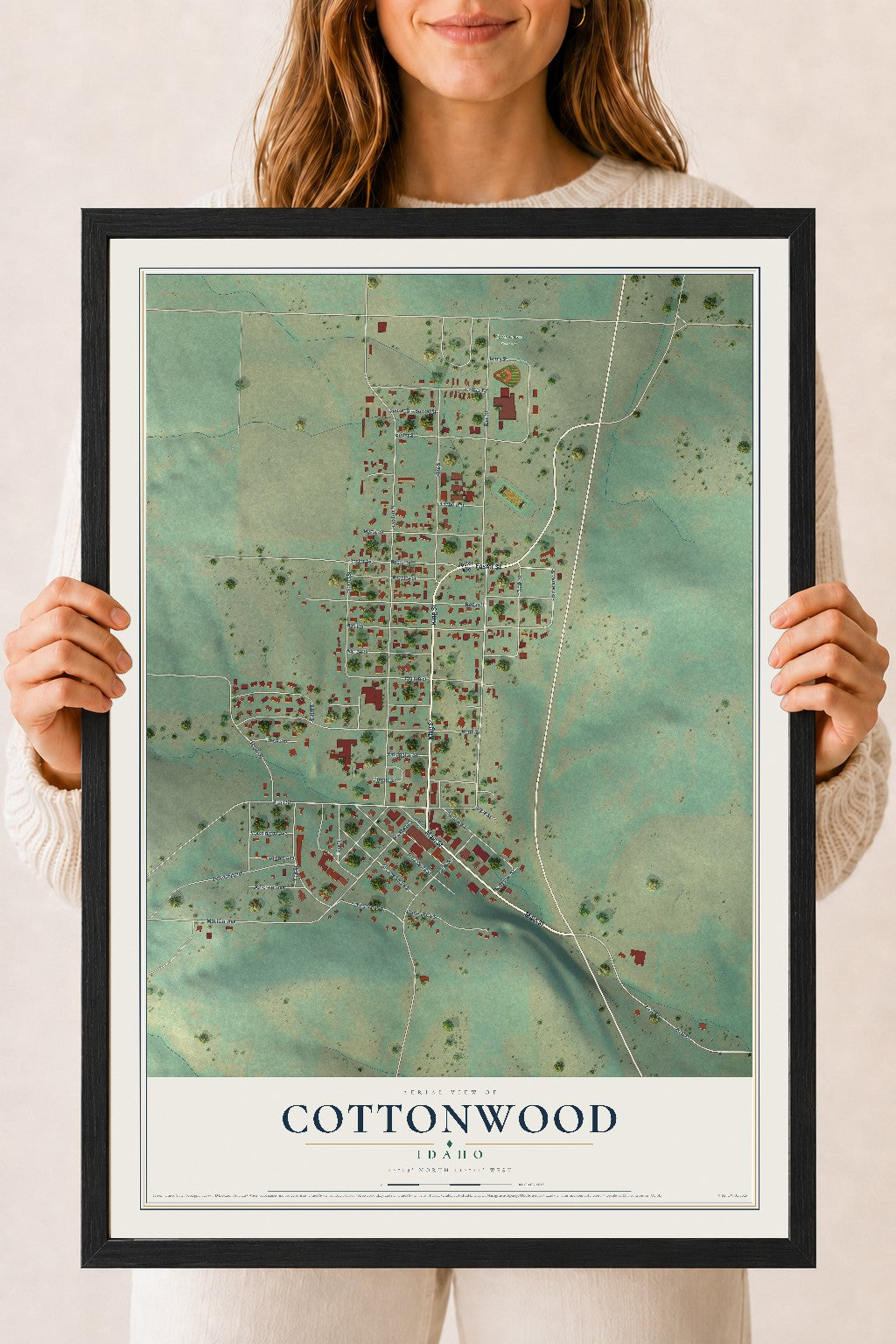 Map of Cottonwood, Idaho, 18 x 24 inch print in a black wood frame