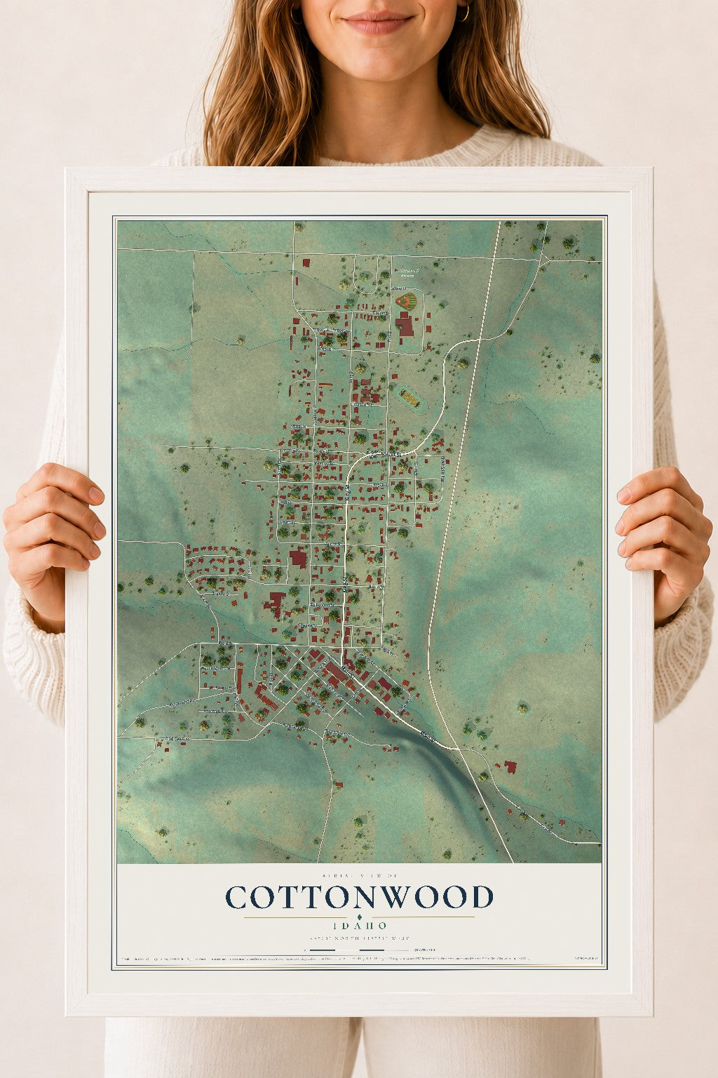 Map of Cottonwood, Idaho, 18 x 24 inch print in a white wood frame