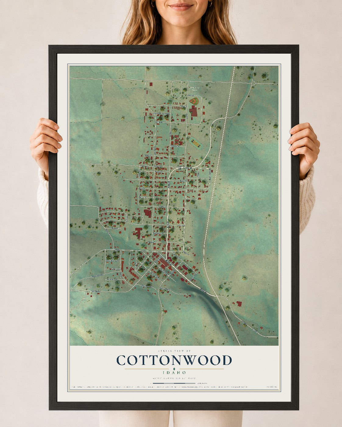 Map of Cottonwood, Idaho, 24 x 36 inch print in a black wood frame