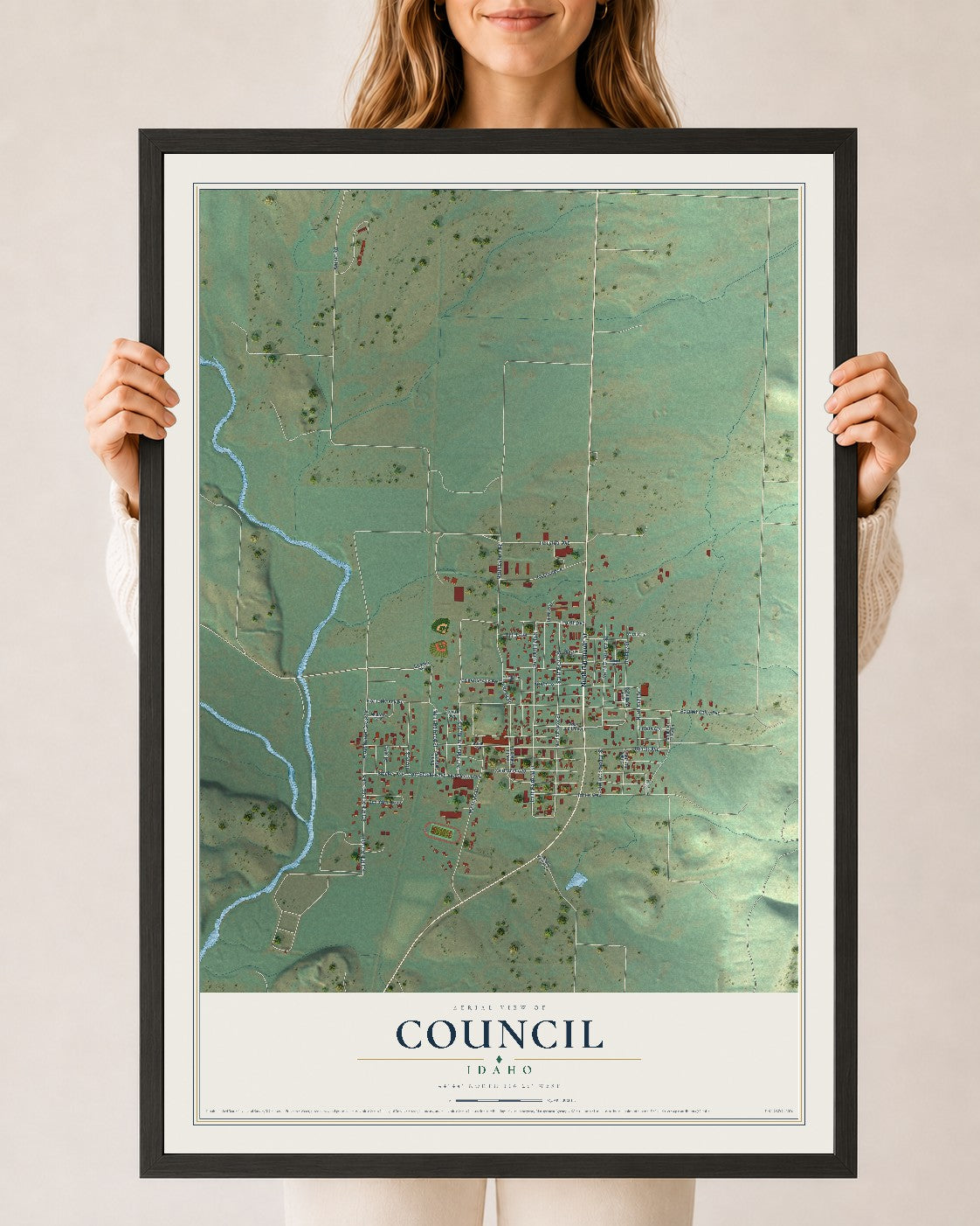 Map of Council, Idaho, 24 x 36 inch print in a black wood frame