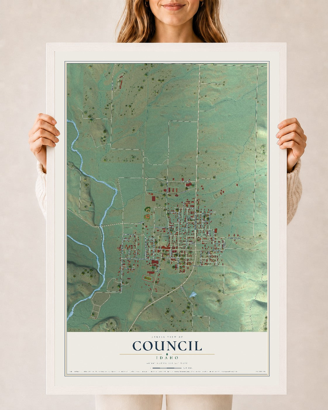 Map of Council, Idaho, 24 x 36 inch print in a white wood frame